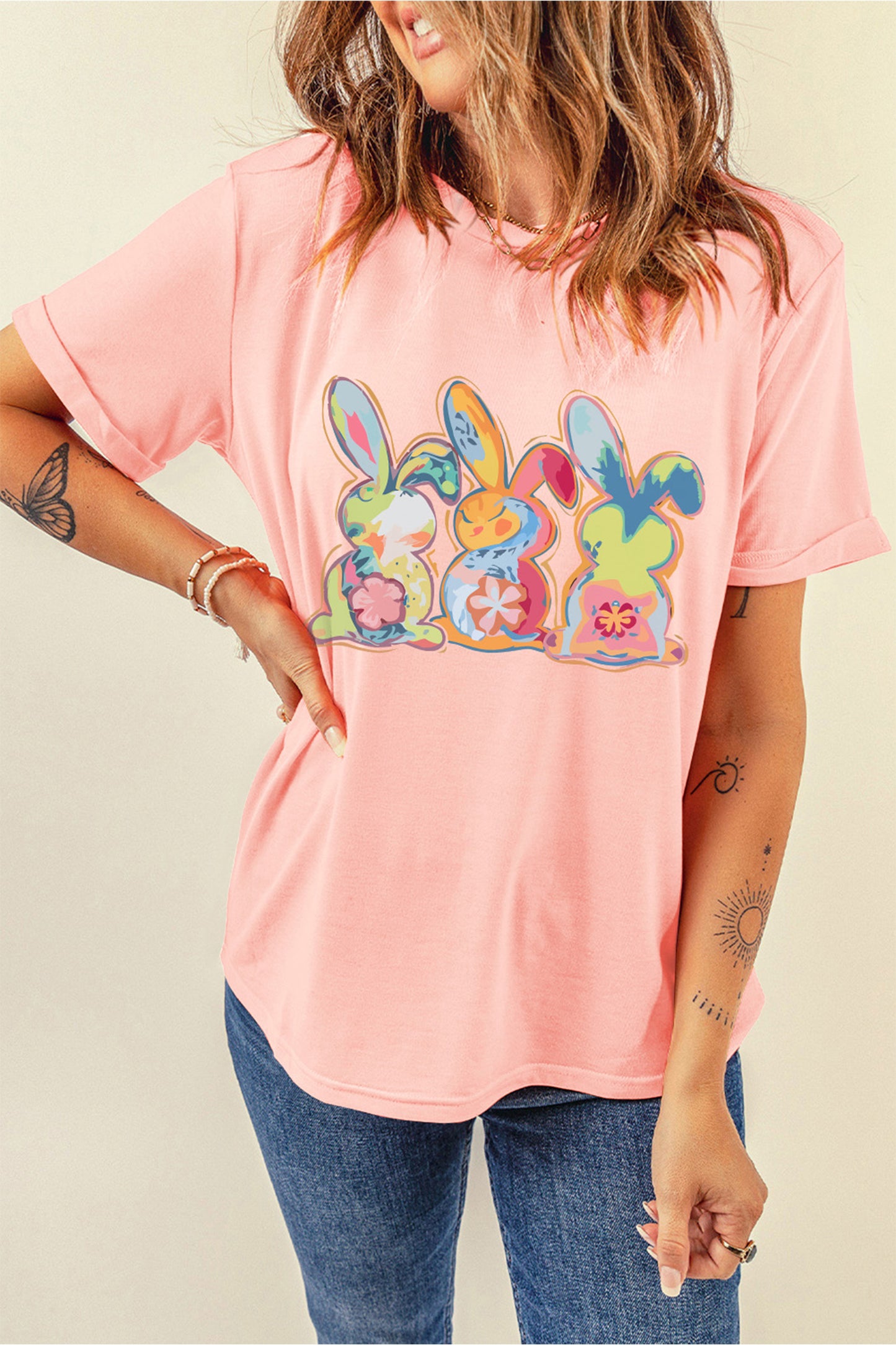 Pink Cute Doddle Bunny Easter Fashion Graphic Tee