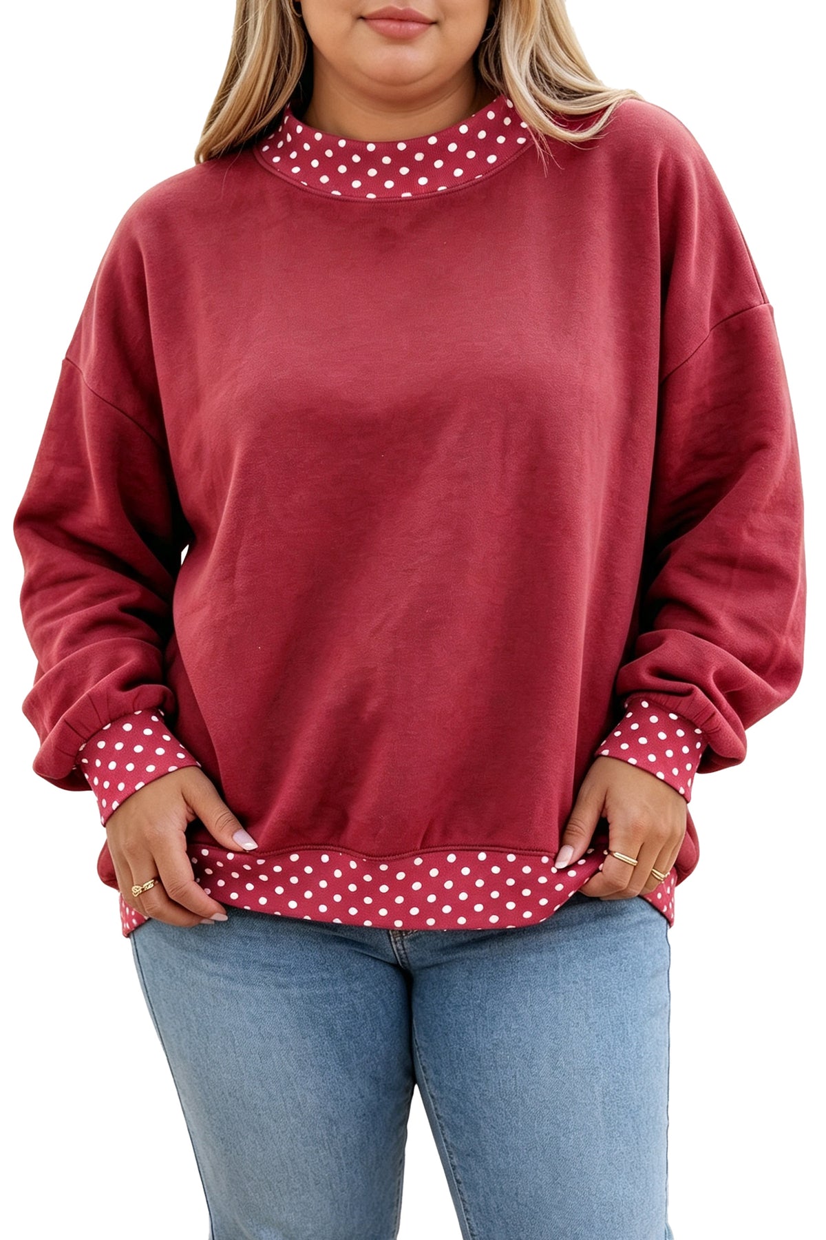 Brown Polka Dot Patchwork Round Neck Plus Size Sweatshirt