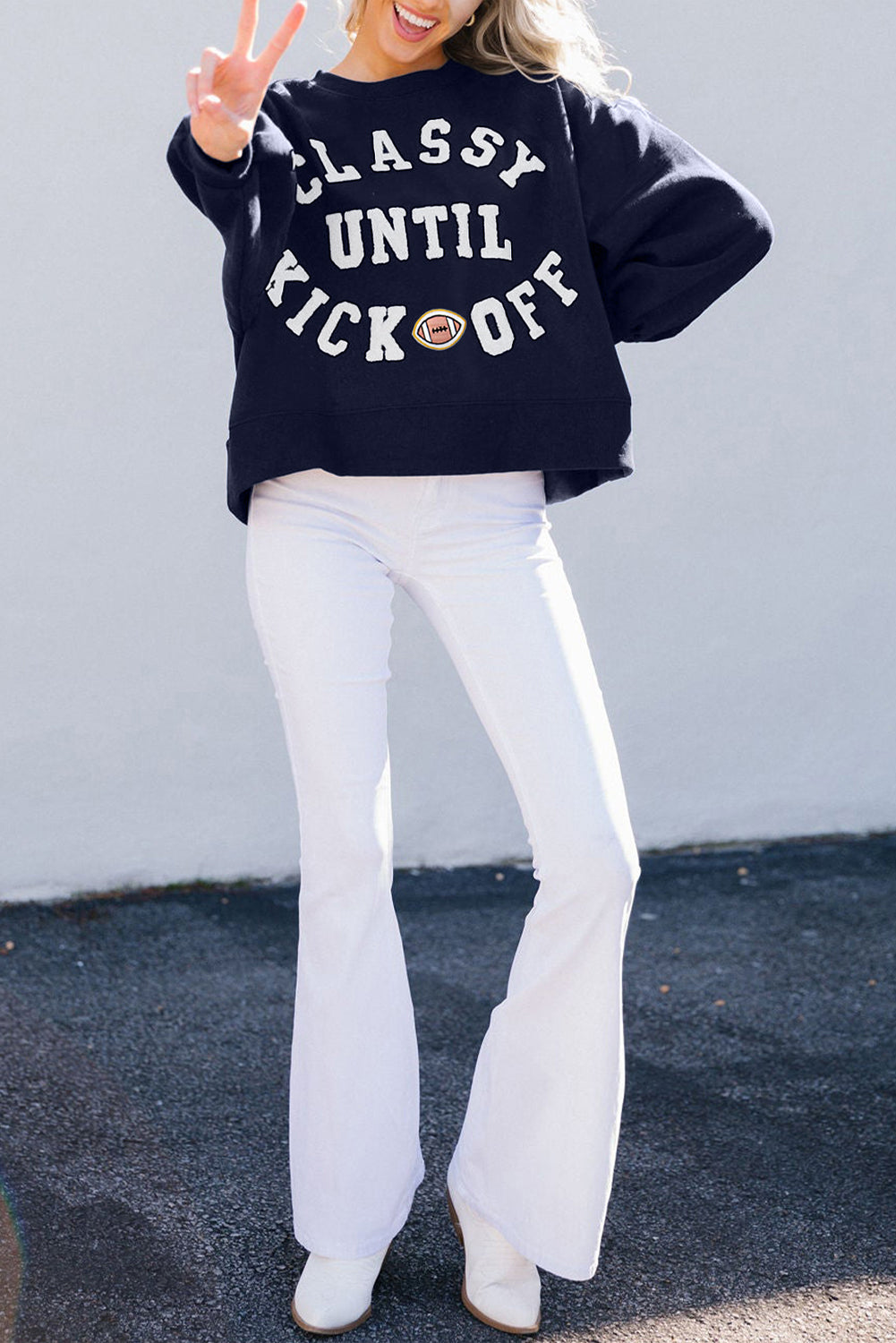 Navy Blue CLASSY UNTIL KICKOFF Plush Letter Patched Loose Sweatshirt
