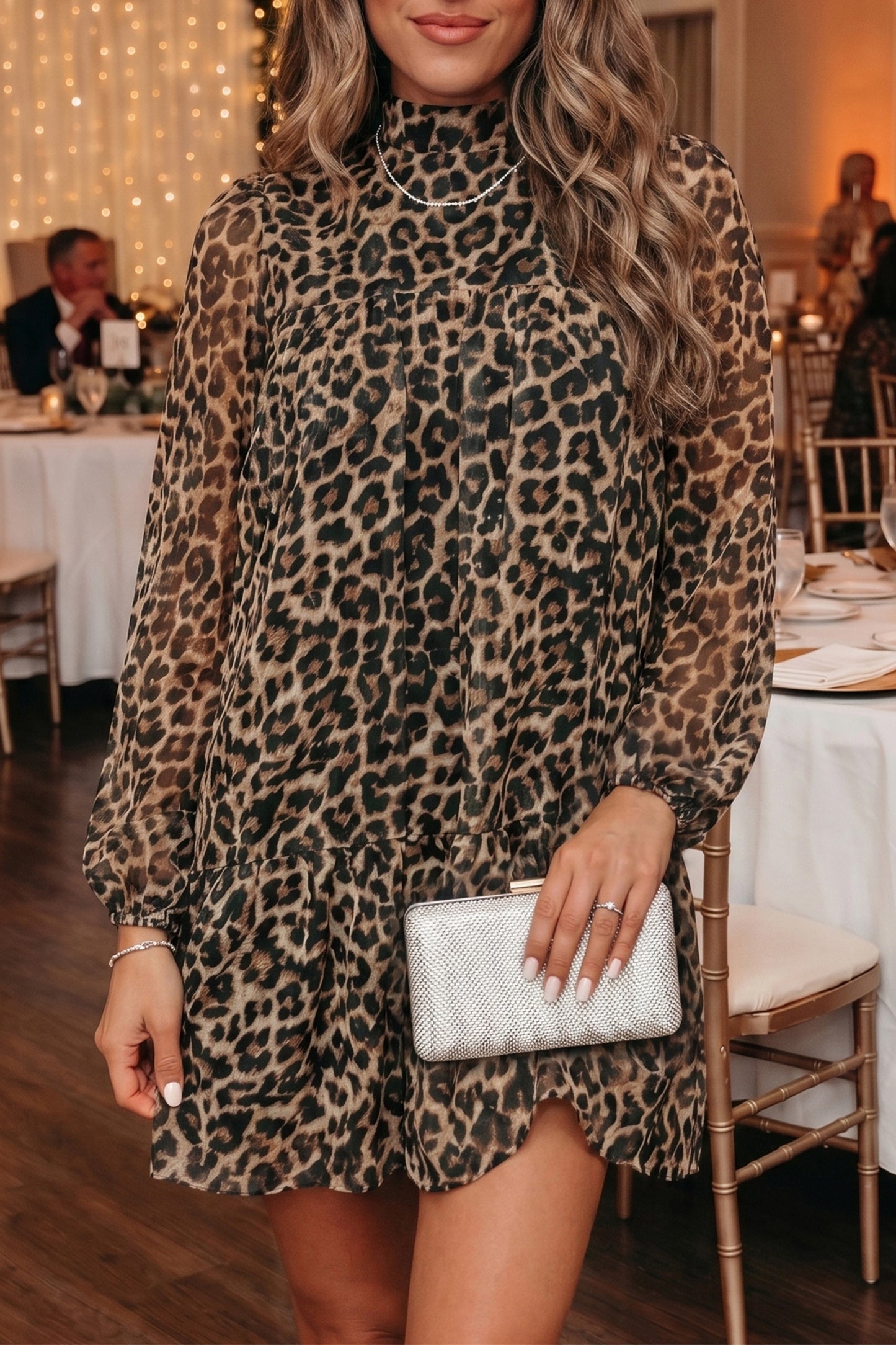 Brown Leopard Print Long Sleeve Short Shift Dress