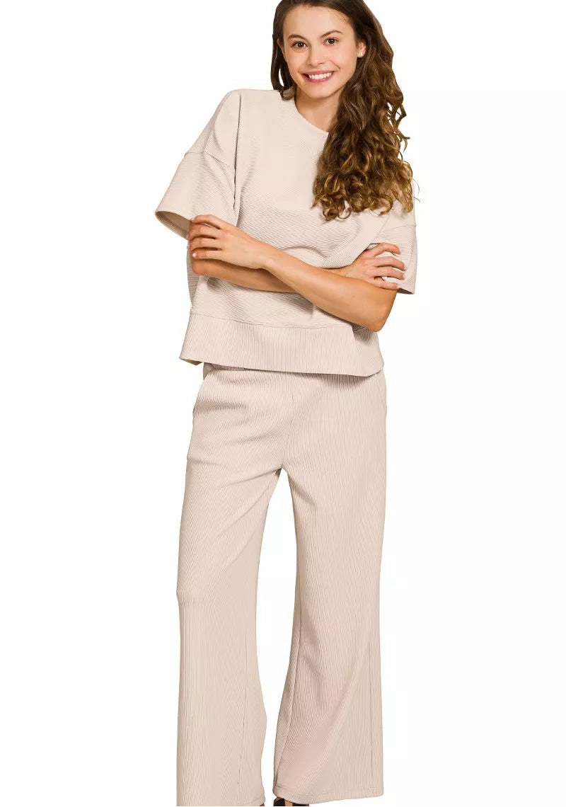 Zenana Ribbed Round Neck Tee & Pants Set