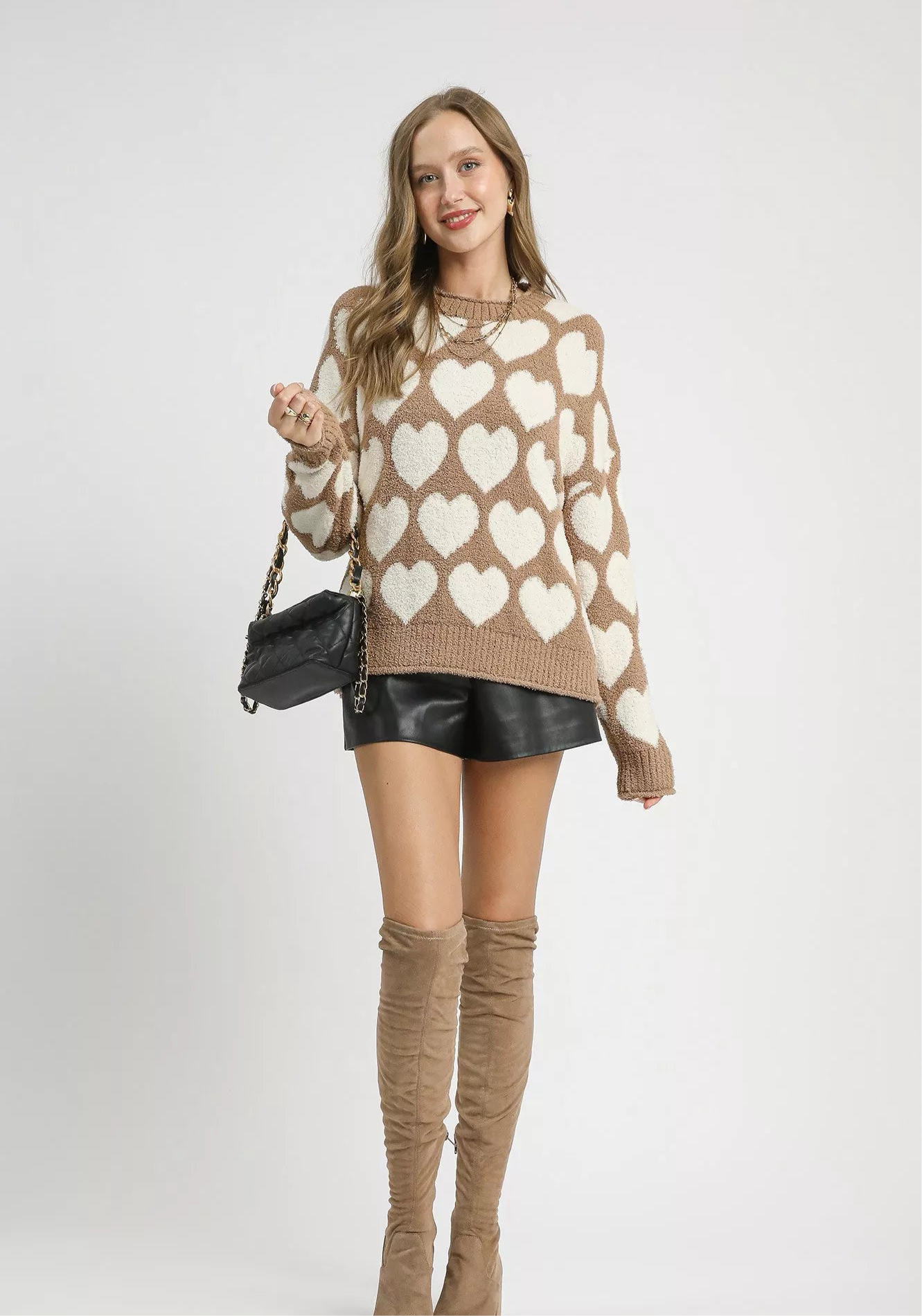 Umgee Mix Heart Pattern Pearl Accent Sweater