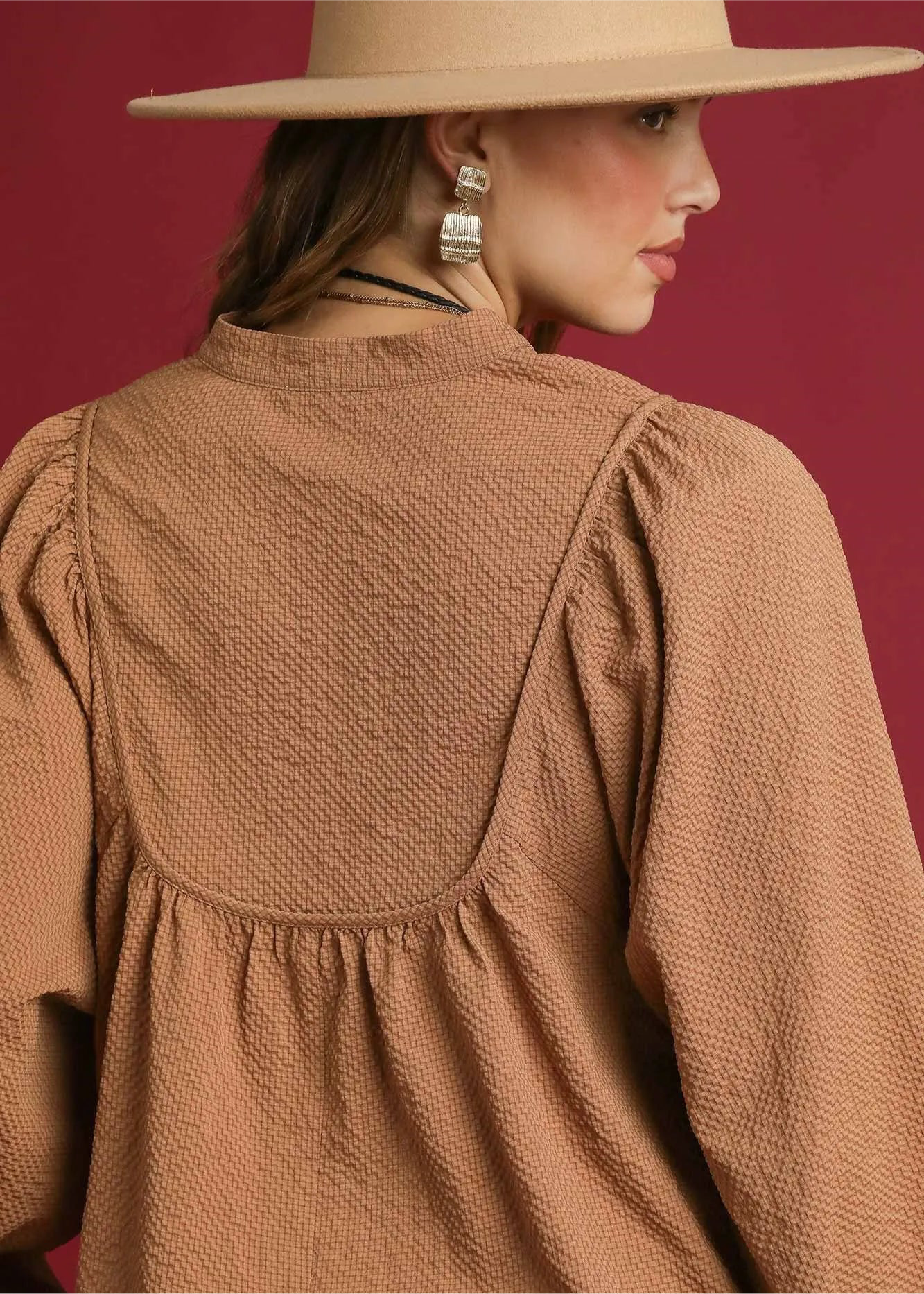 Umgee Textured Notched Blouse with Balloon Sleeves