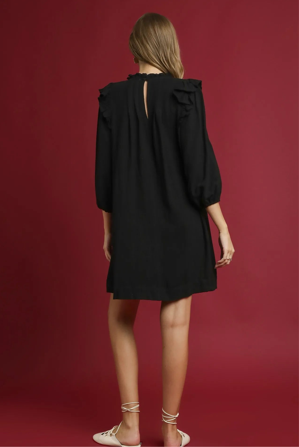 Umgee Linen Ruffle Shoulder Pleated Babydoll Dress