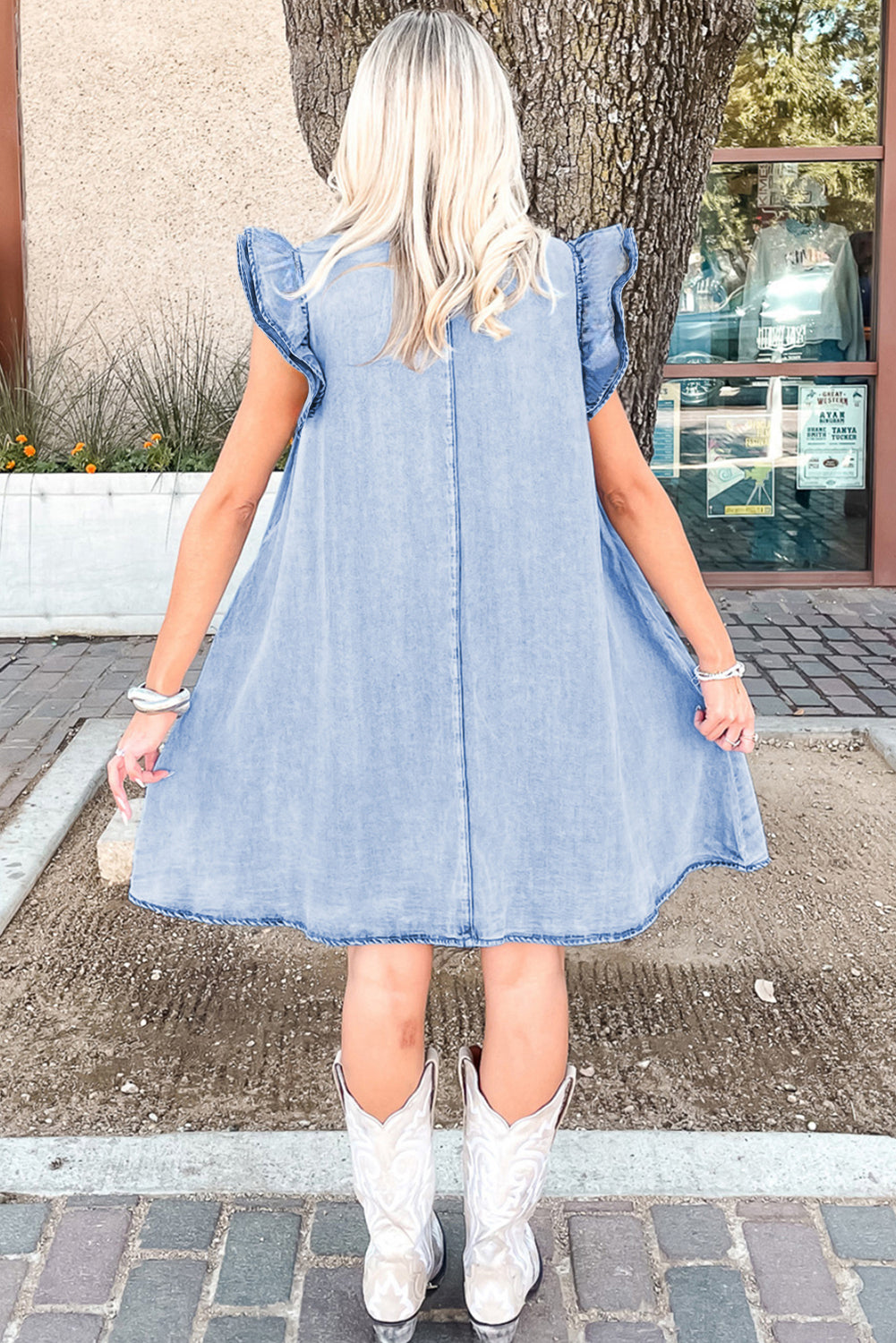 Beau Blue Double Ruffled Sleeves Denim Dress