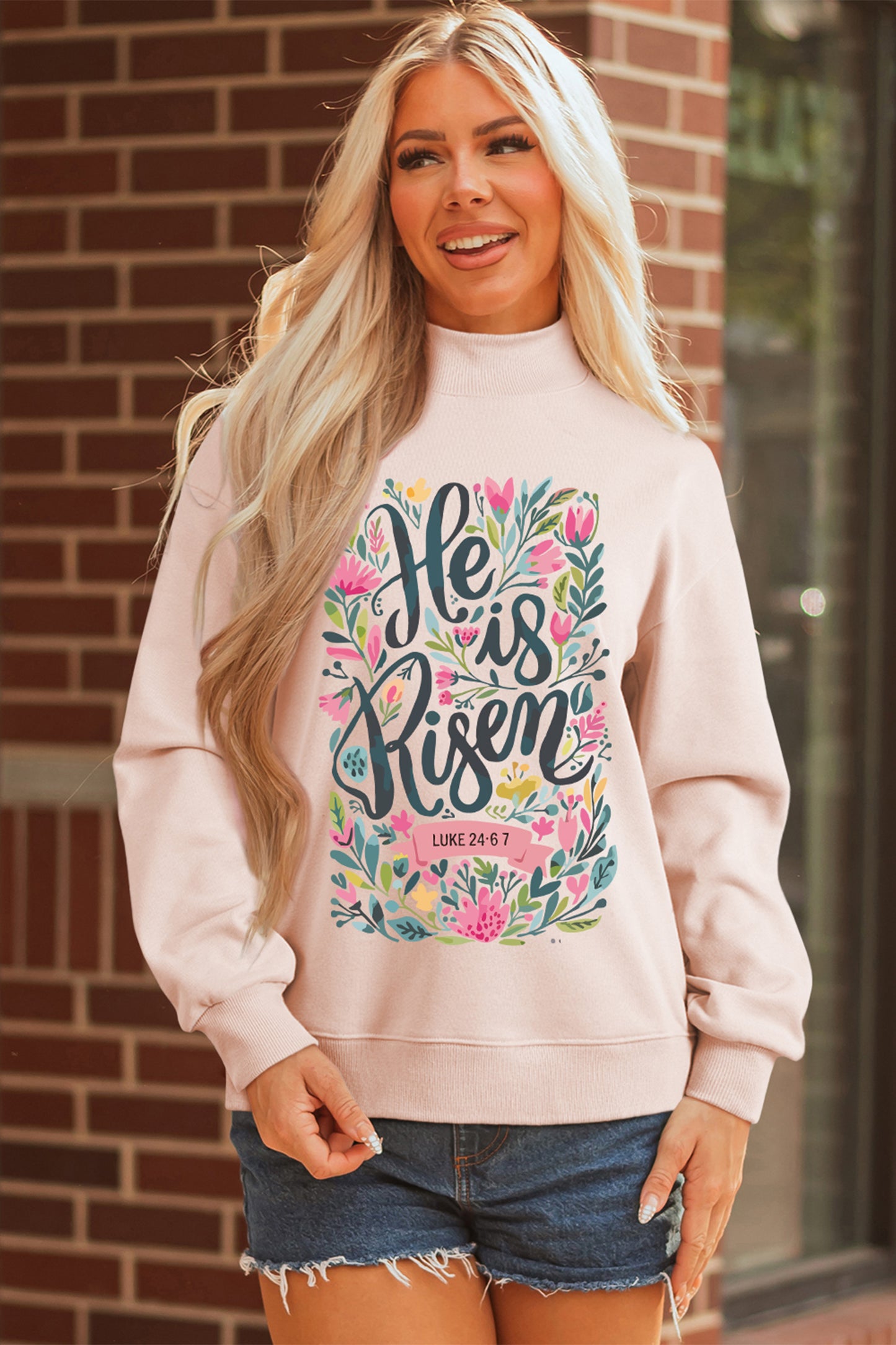 Apricot Pink He is Risen Floral Easter Mock Neck Sweatshirt