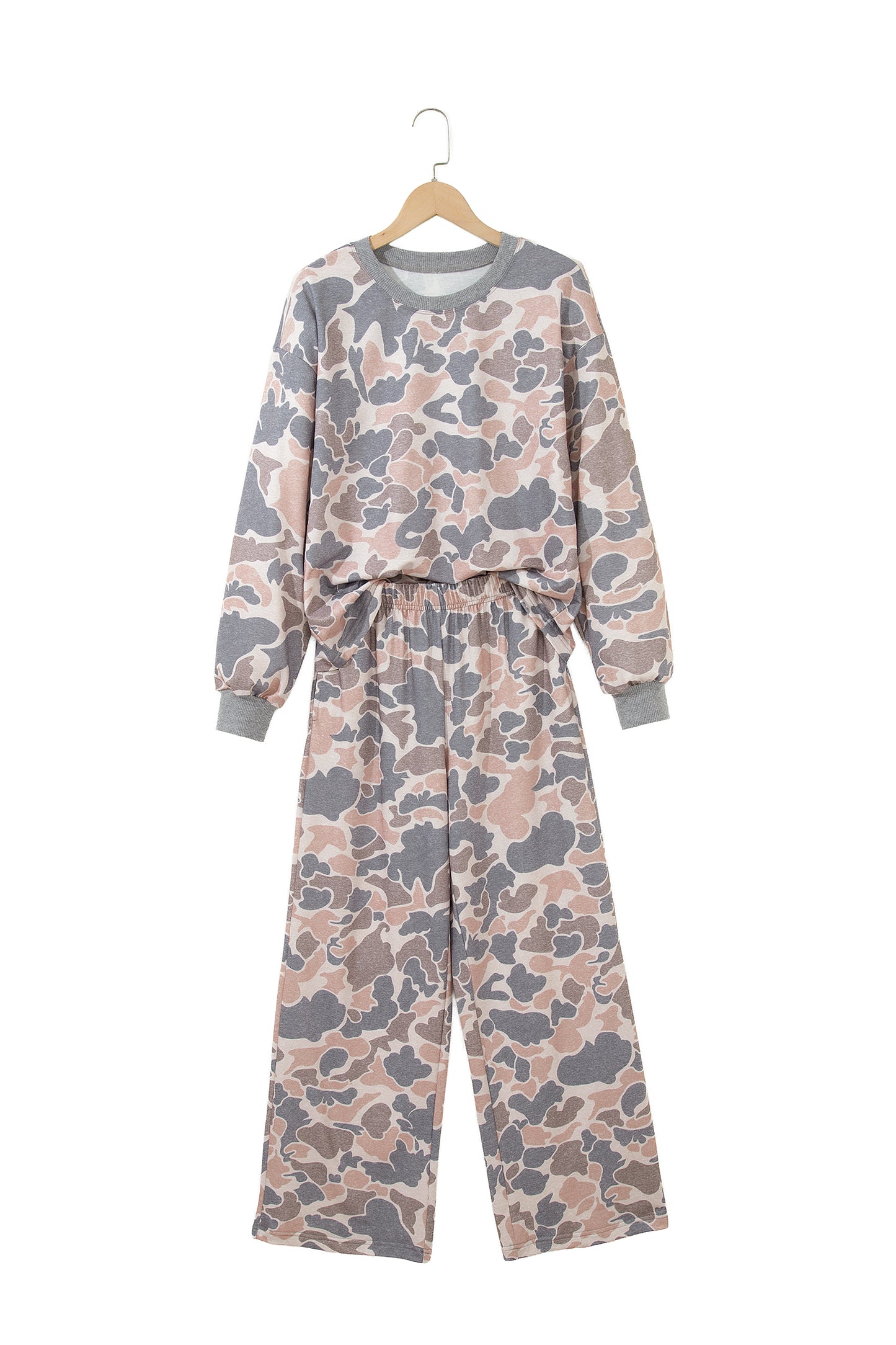 Multicolour Camouflage Print Long Sleeve Top Loose 2pcs Pants Set