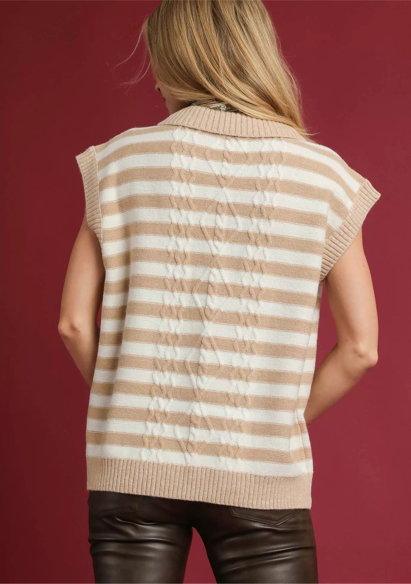 Umgee Cable Knit Collared Striped Vest Sweater