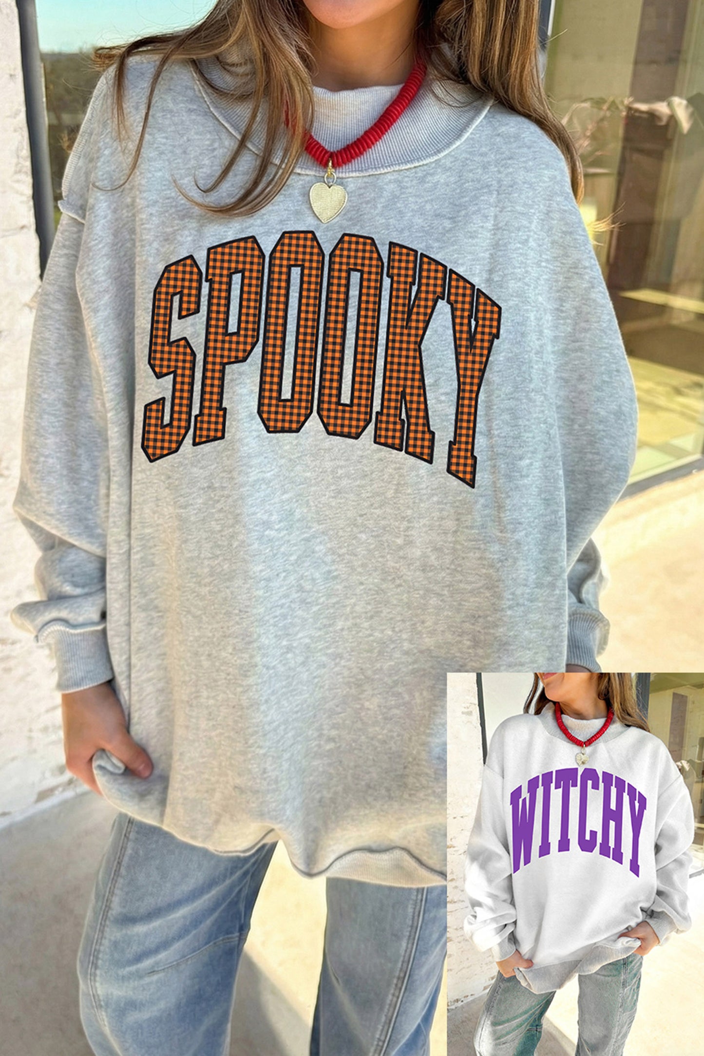 Light Grey Halloween Slogan Print Mock Neck Reversible Sweatshirt