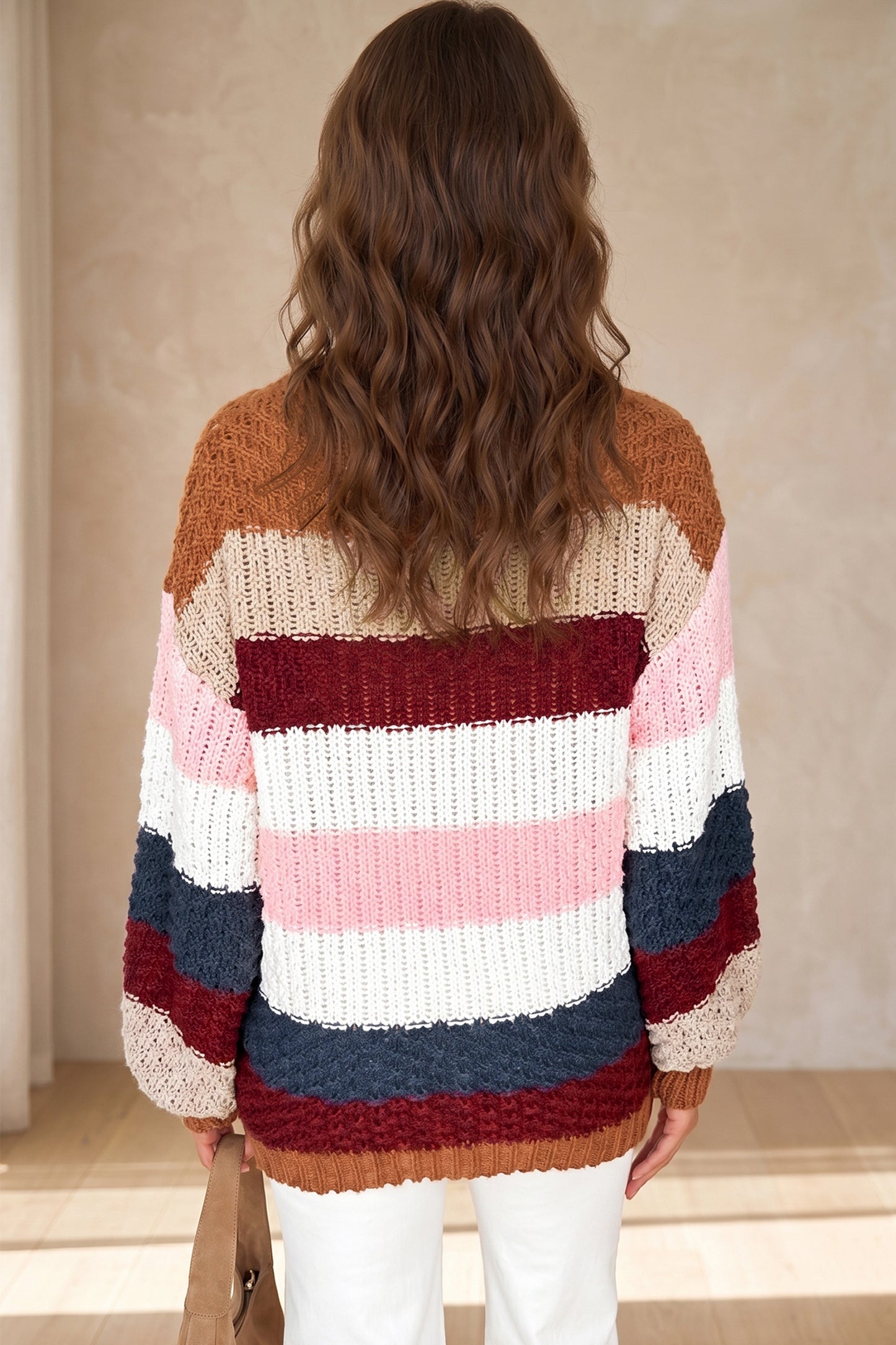 Multicolour Striped Knit Dropped Shoulder Round Neck Pullover Sweater