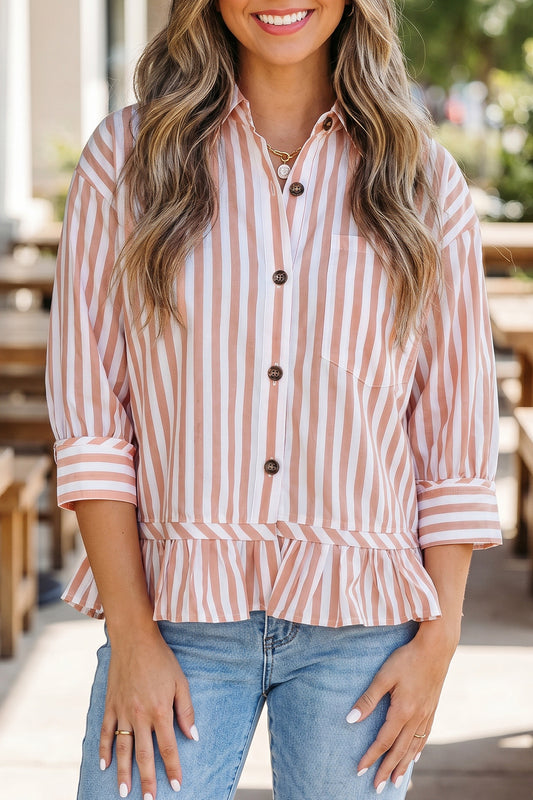 Khaki Stripe Button Front Ruffle Hem Bracelet Sleeve Shirt