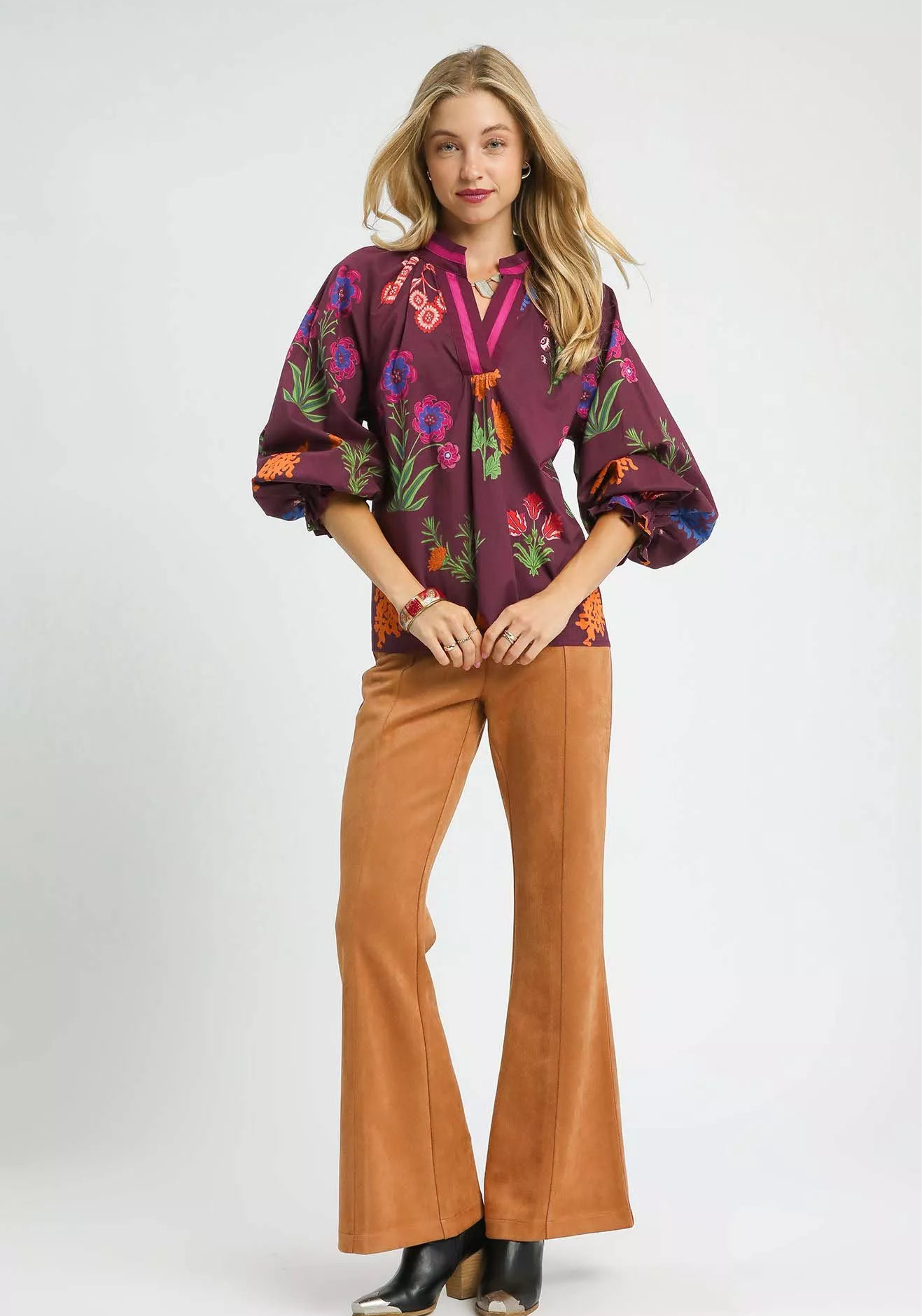 Umgee Floral Print Flounce Sleeve Blouse