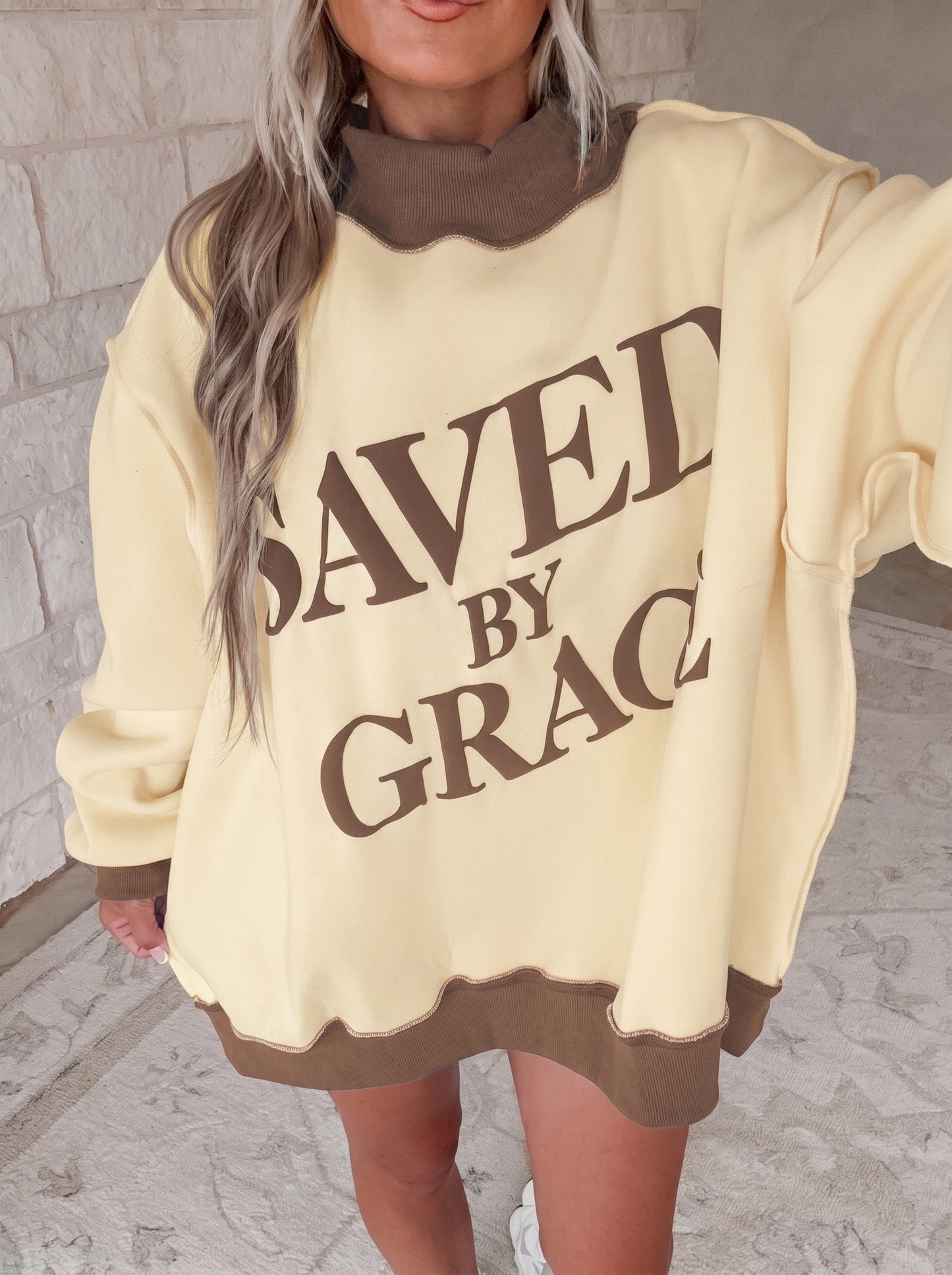 Beige Saved By Grace Print Color Block Mock Neck Oversized Sweatshirt