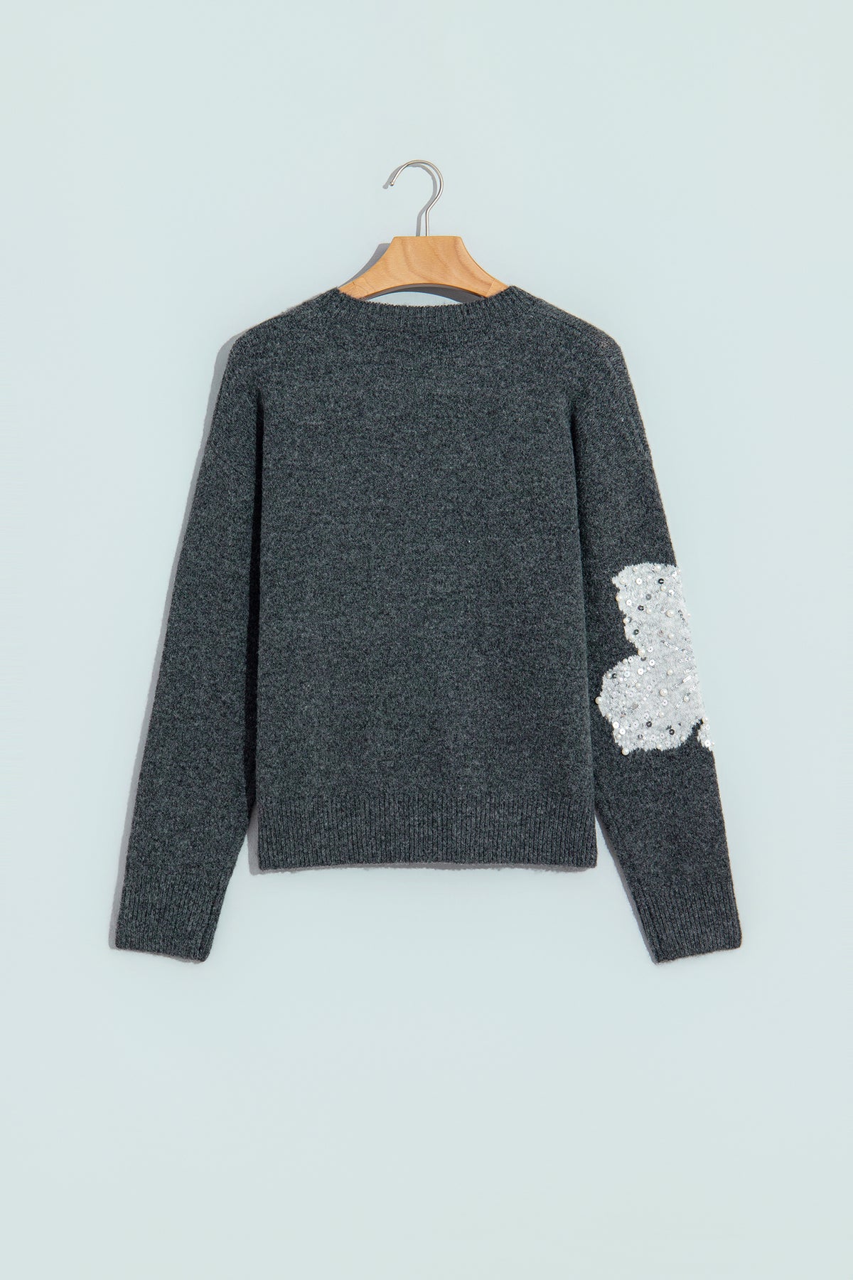 Dark Grey Beaded Floral Accent Casual Round Neck Sweater