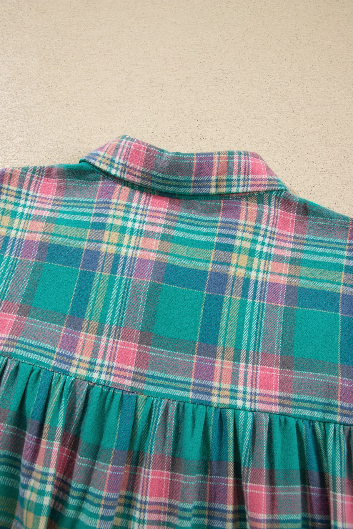 Green Plaid Button-Up Shift Long Sleeve V Neck Plus Size Dress