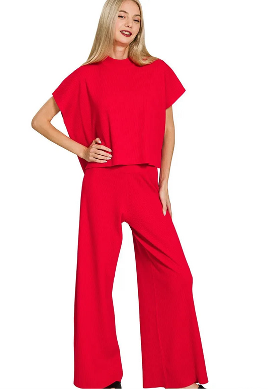 Zenana Viscose Sweater Short Sleeve Top and Pants Set