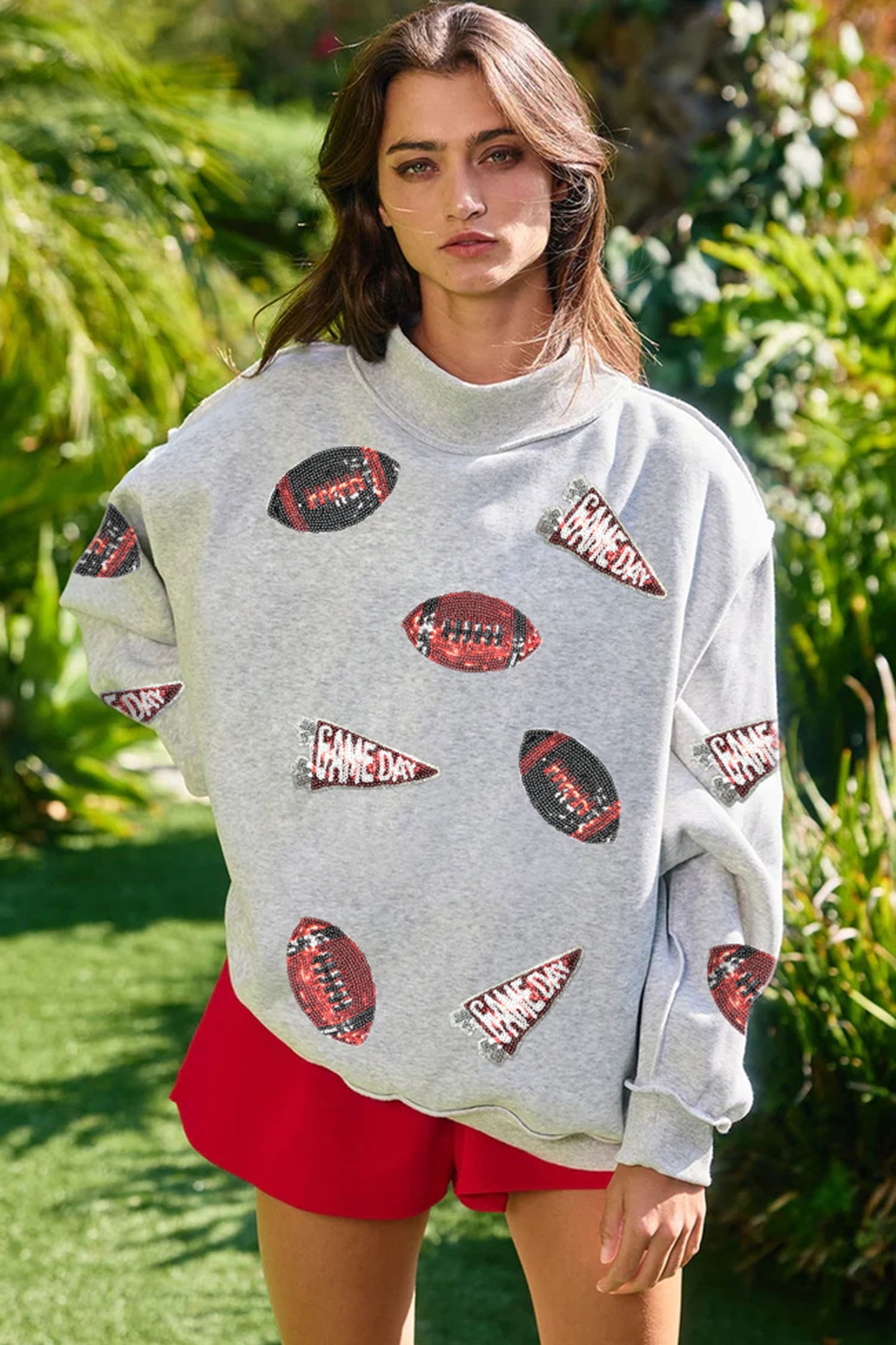 Grey Sequin Game Day High Neck Baggy Sweatshirt