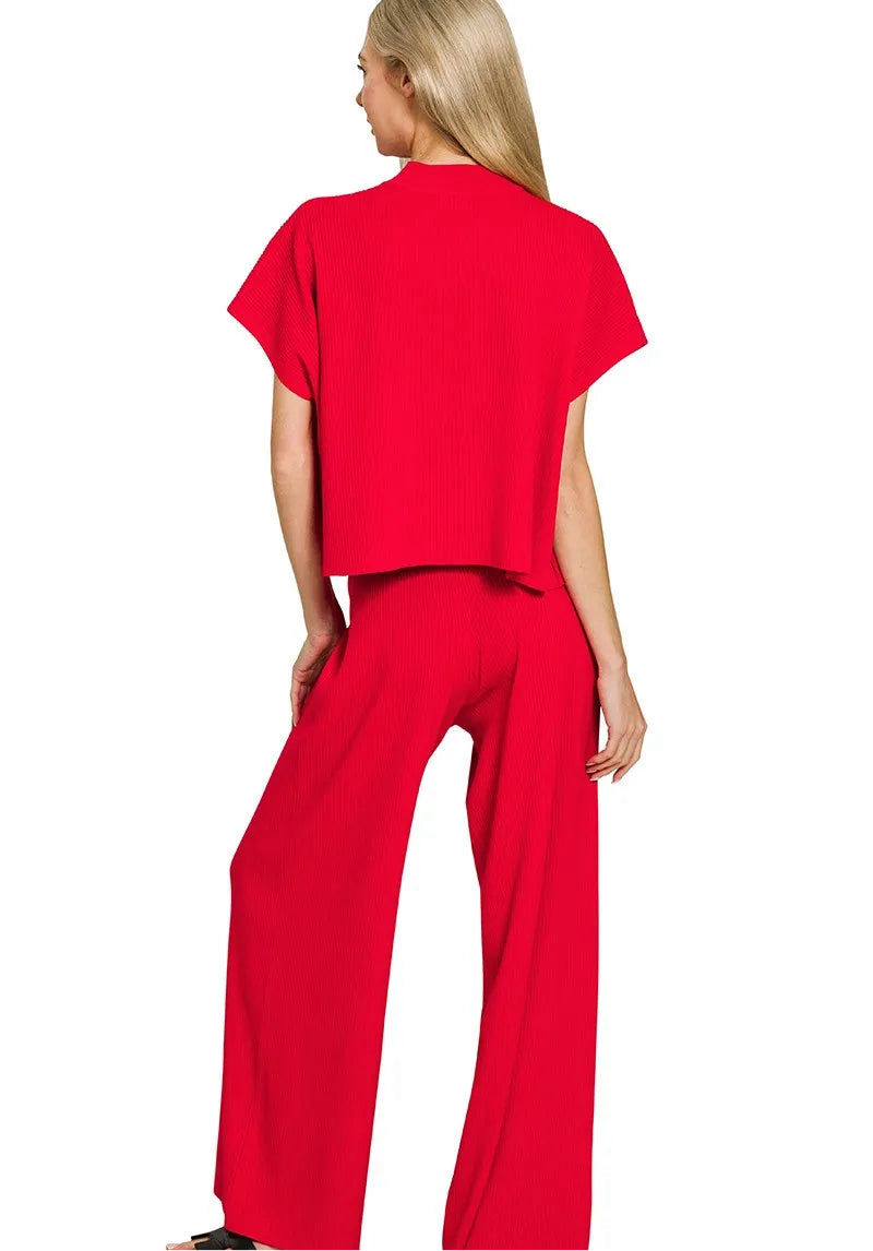 Zenana Viscose Sweater Short Sleeve Top and Pants Set