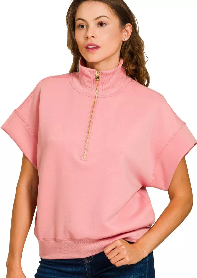 Zenana Full Size Scuba High Neck Half Zip Short Sleeve Top Plus Size