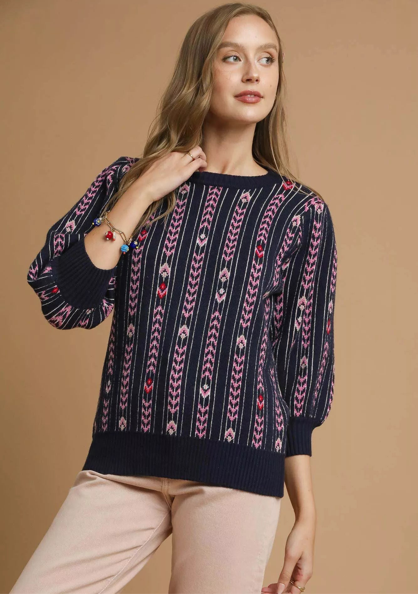 Umgee Jacquard Knit Puff Sleeve Sweater