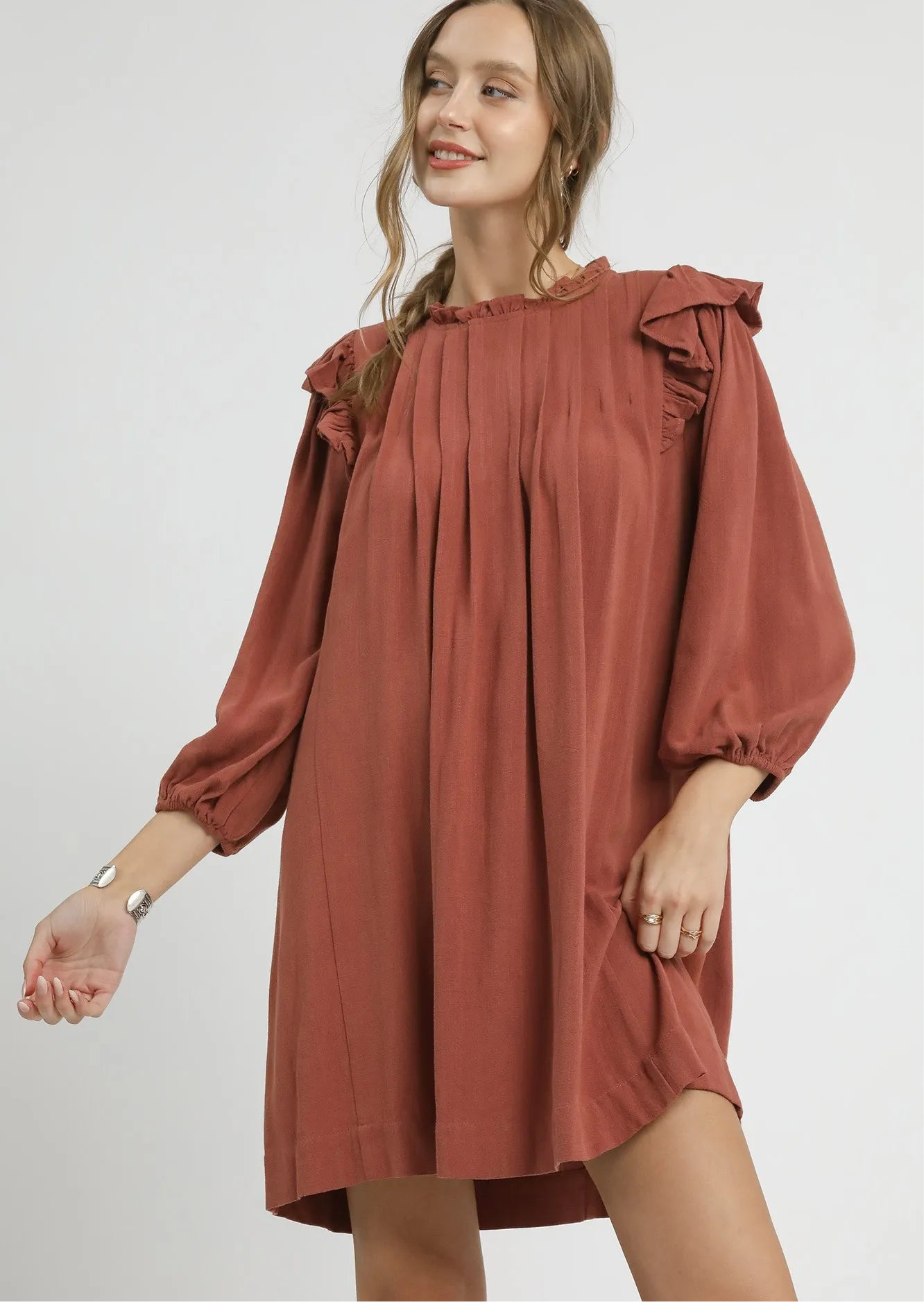 Umgee Linen Ruffle Shoulder Pleated Babydoll Dress