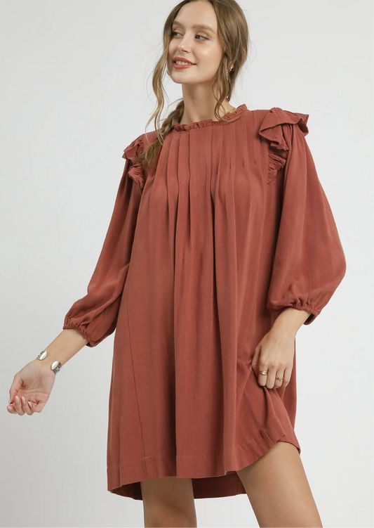 Umgee Linen Ruffle Shoulder Pleated Babydoll Dress