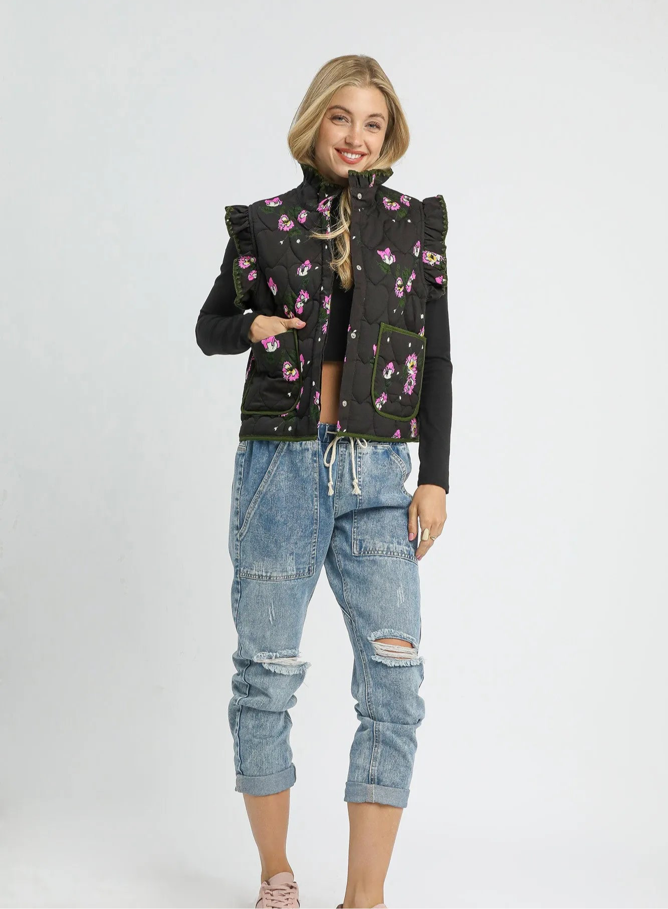 Umgee Ruffled Quilted Floral Snap Down Vest