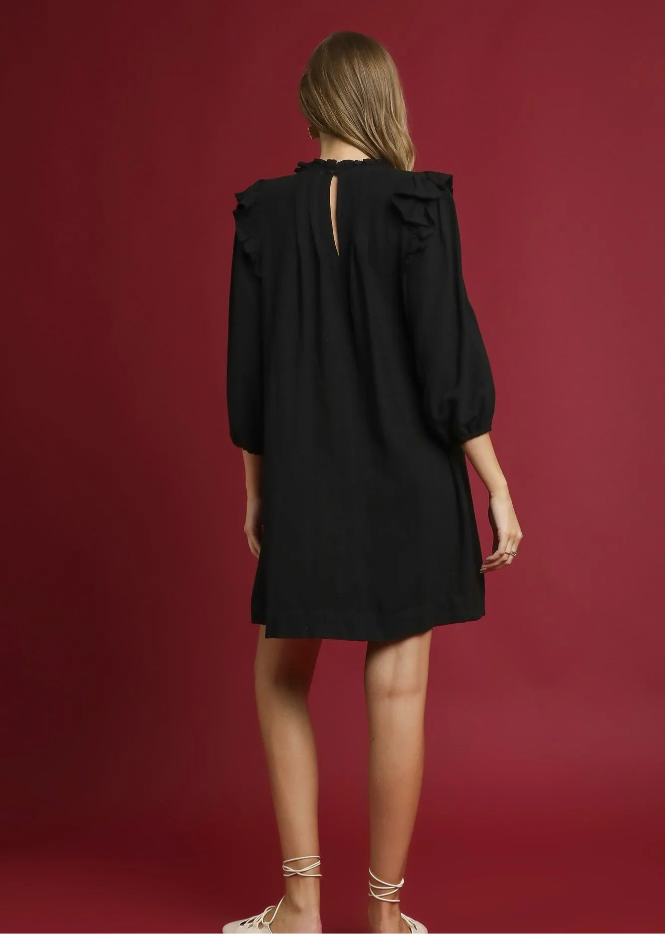 Umgee Linen Ruffle Shoulder Pleated Babydoll Dress