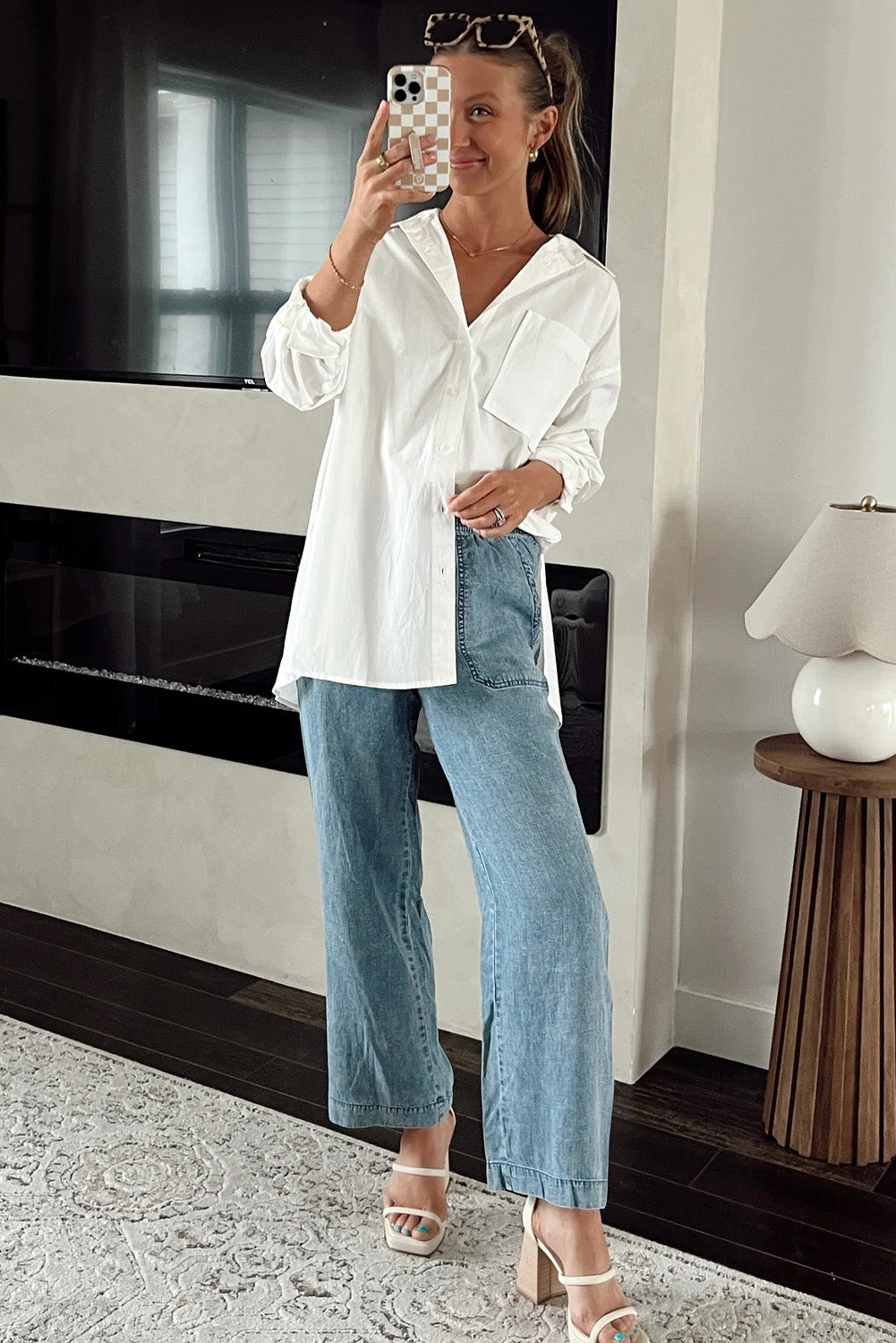 Myosotis Mineral Wash Drawstring Elastic Waistband Loose Straight Denim Pants