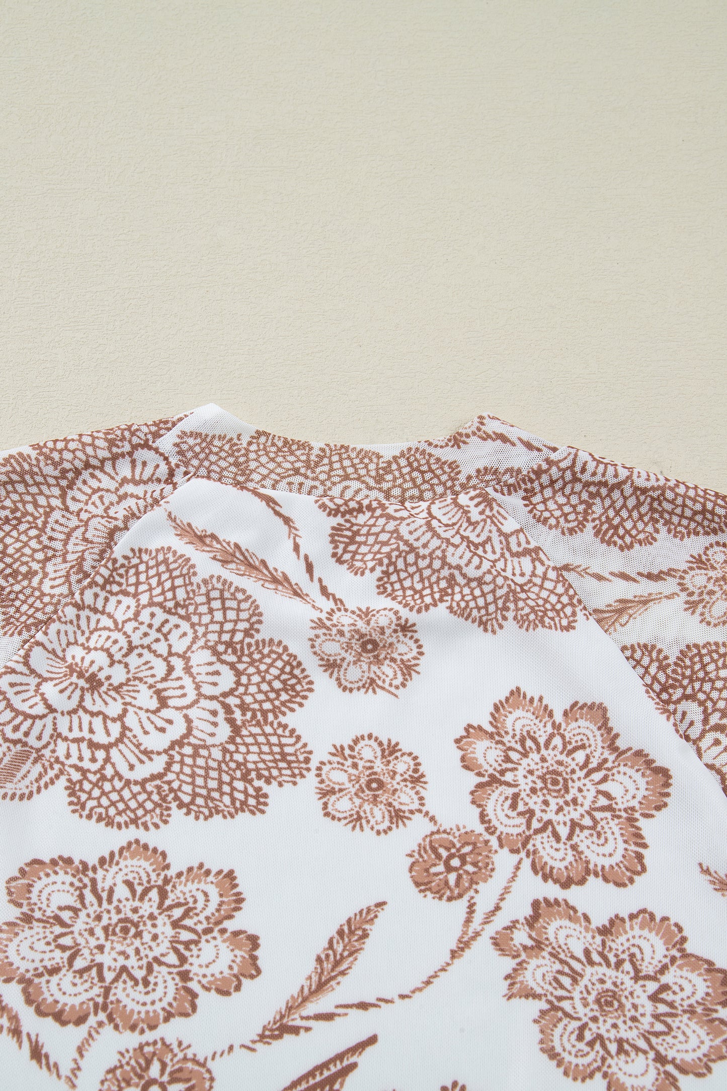 Brown Thumbhole Long Sleeve Floral Print Mesh Top