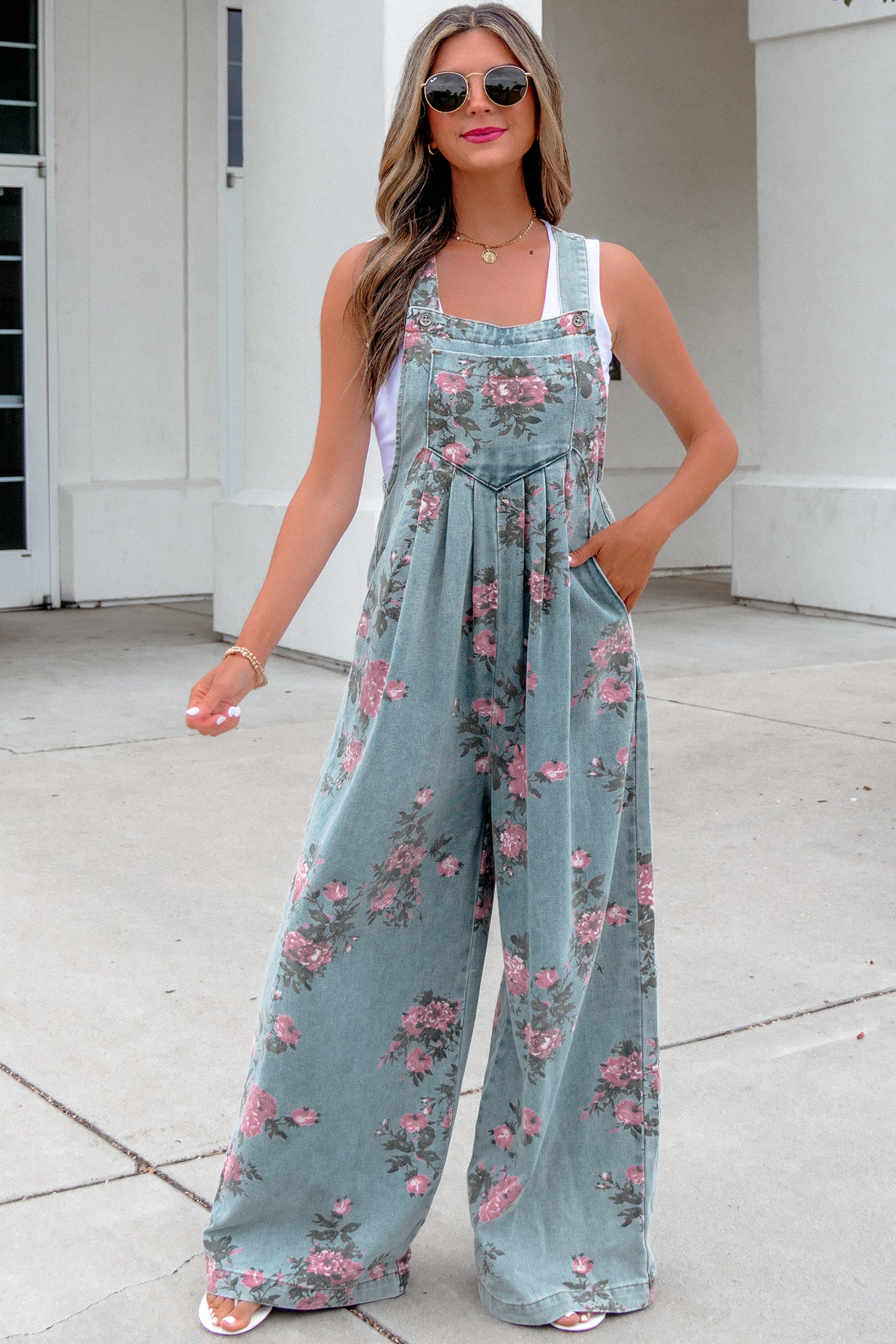 Sage Blossom Denim Jumpsuit