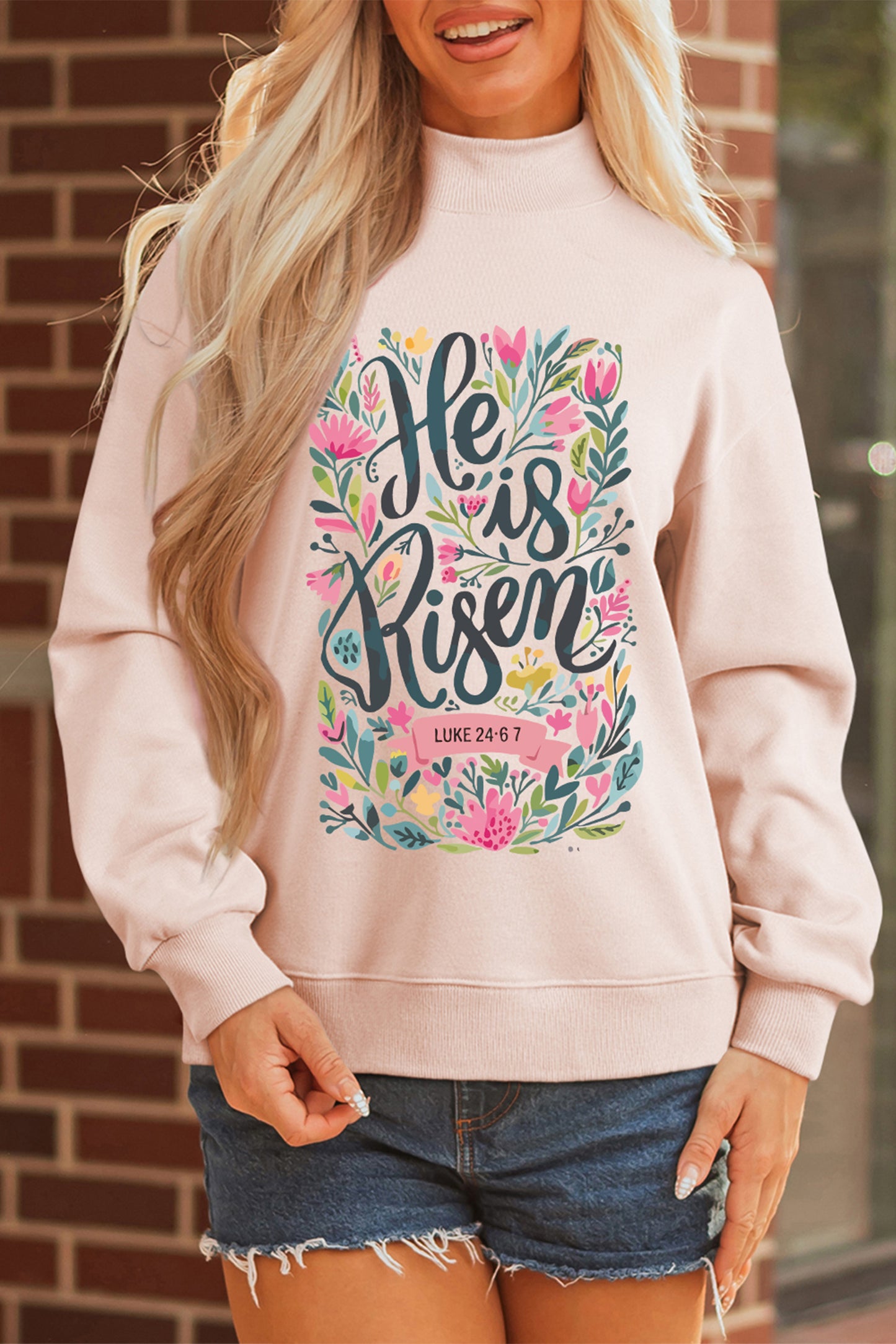 Apricot Pink He is Risen Floral Easter Mock Neck Sweatshirt