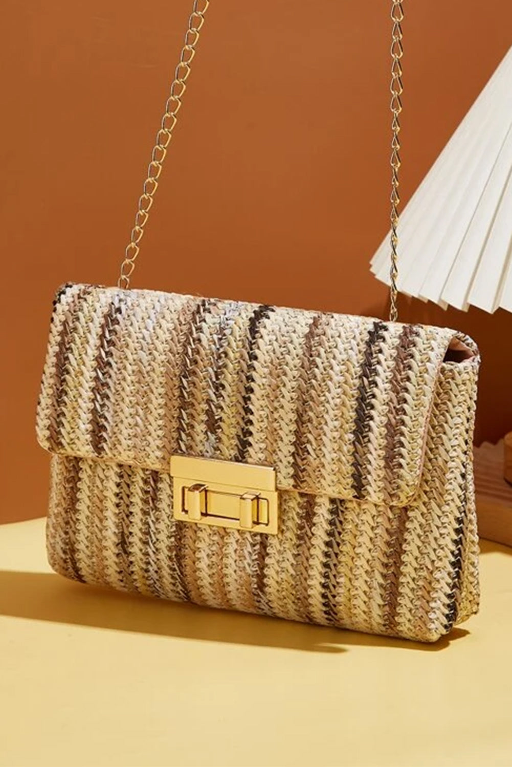 Camel Straw Plaited Gold Chain Clasp Closure Single Shoulder Bag