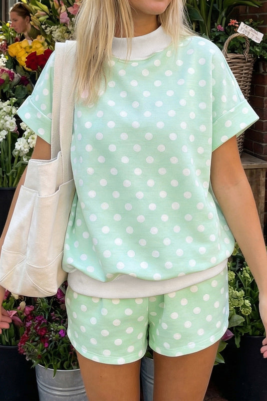 Green Polka Dot Print Color Block Trim Mock Neck Short Set