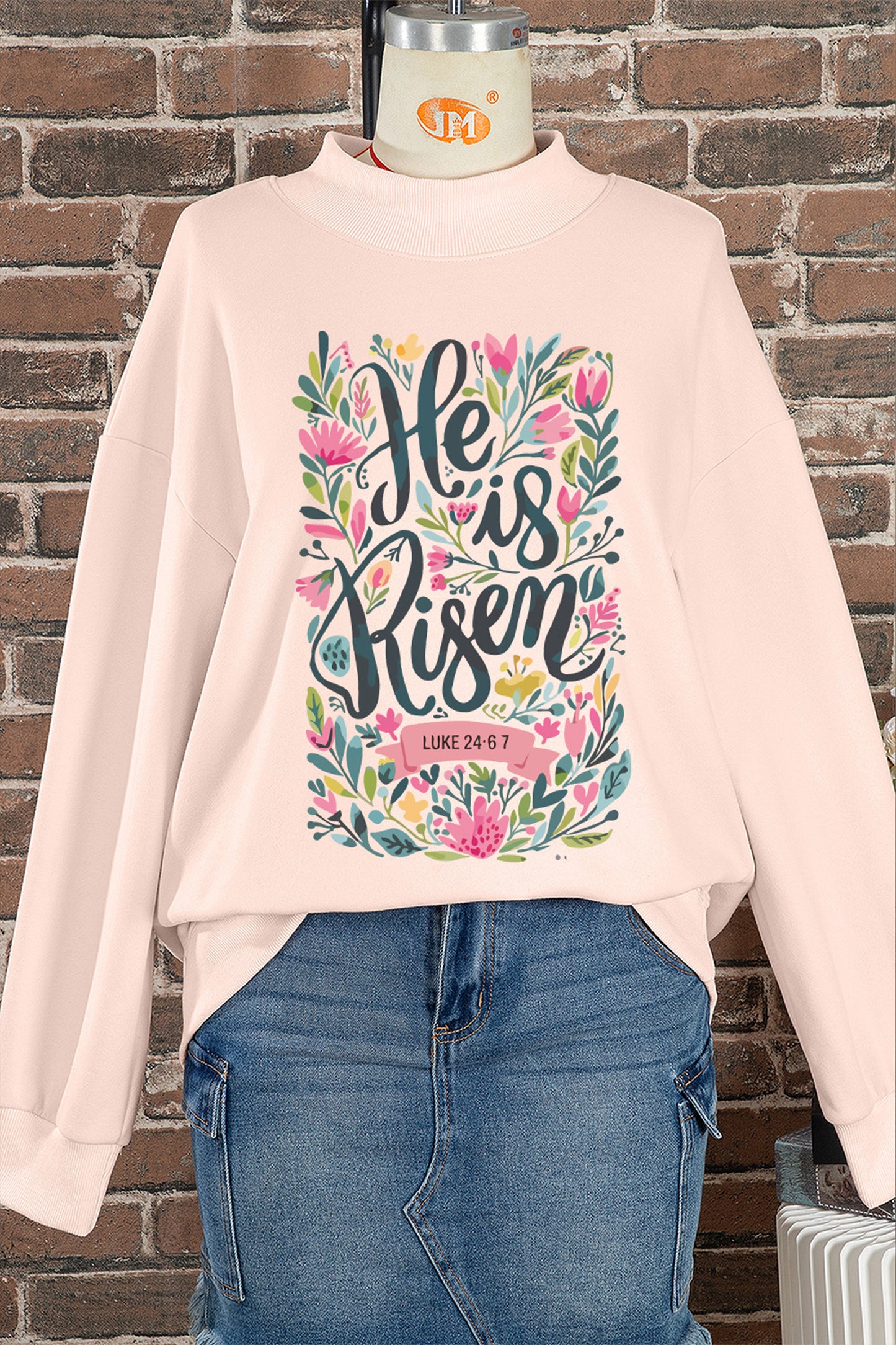 Apricot Pink He is Risen Floral Easter Mock Neck Sweatshirt