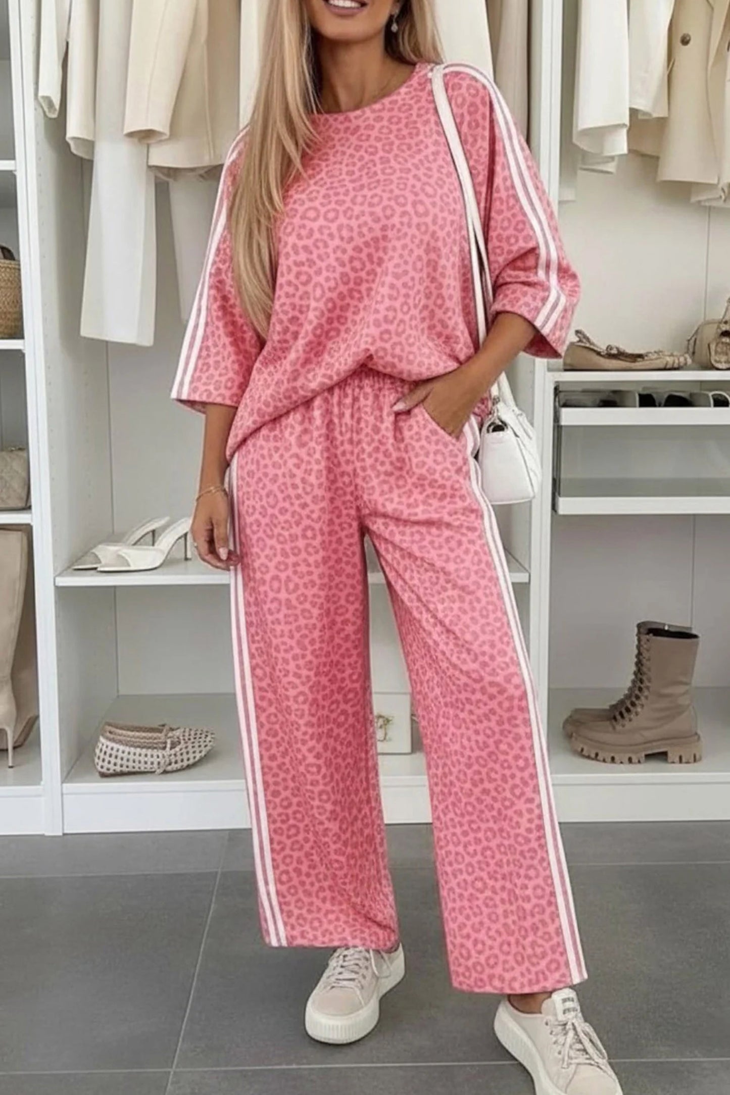 Pink Leopard Print Varsity Striped Detail 3/4 Sleeve Top Shift Pant Set