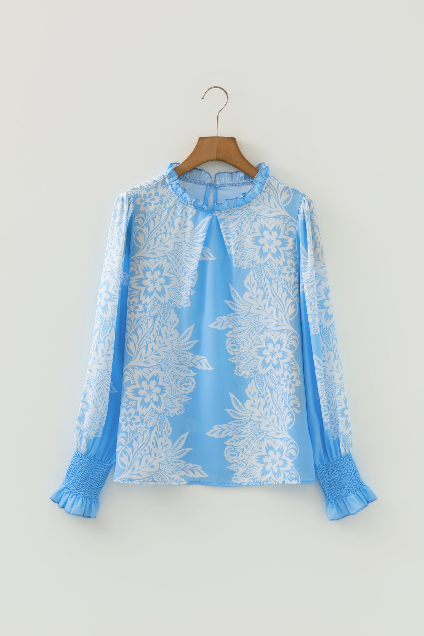 Sky Blue Ruffled Collar Puff Sleeve Flower Blouse