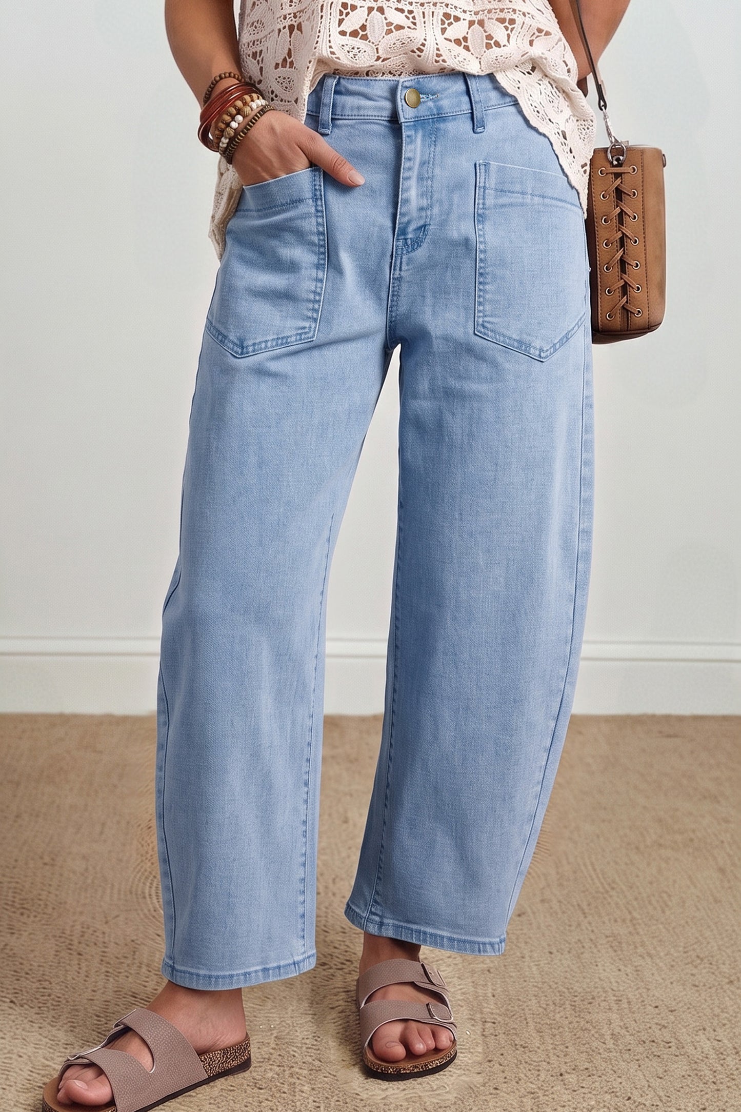 Beau Blue Solid Color Square Patch Pocket Ankle-length Barrel Jeans