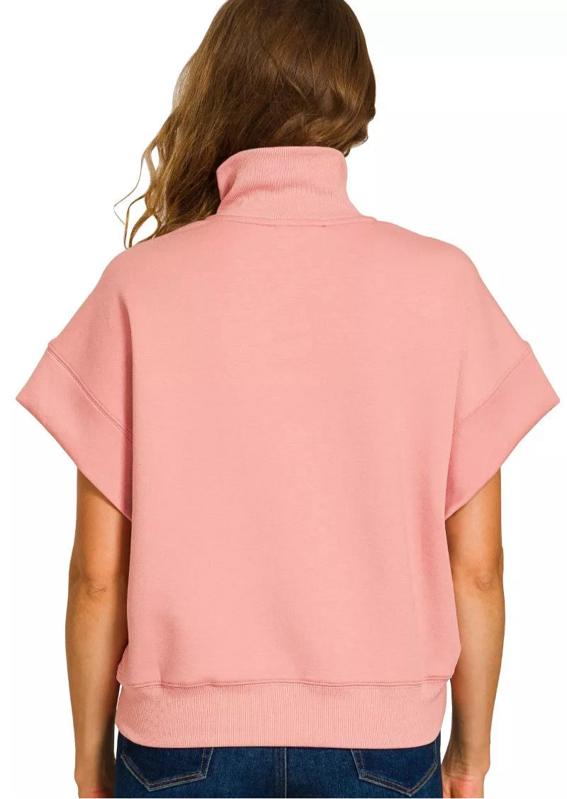 Zenana Full Size Scuba High Neck Half Zip Short Sleeve Top Plus Size