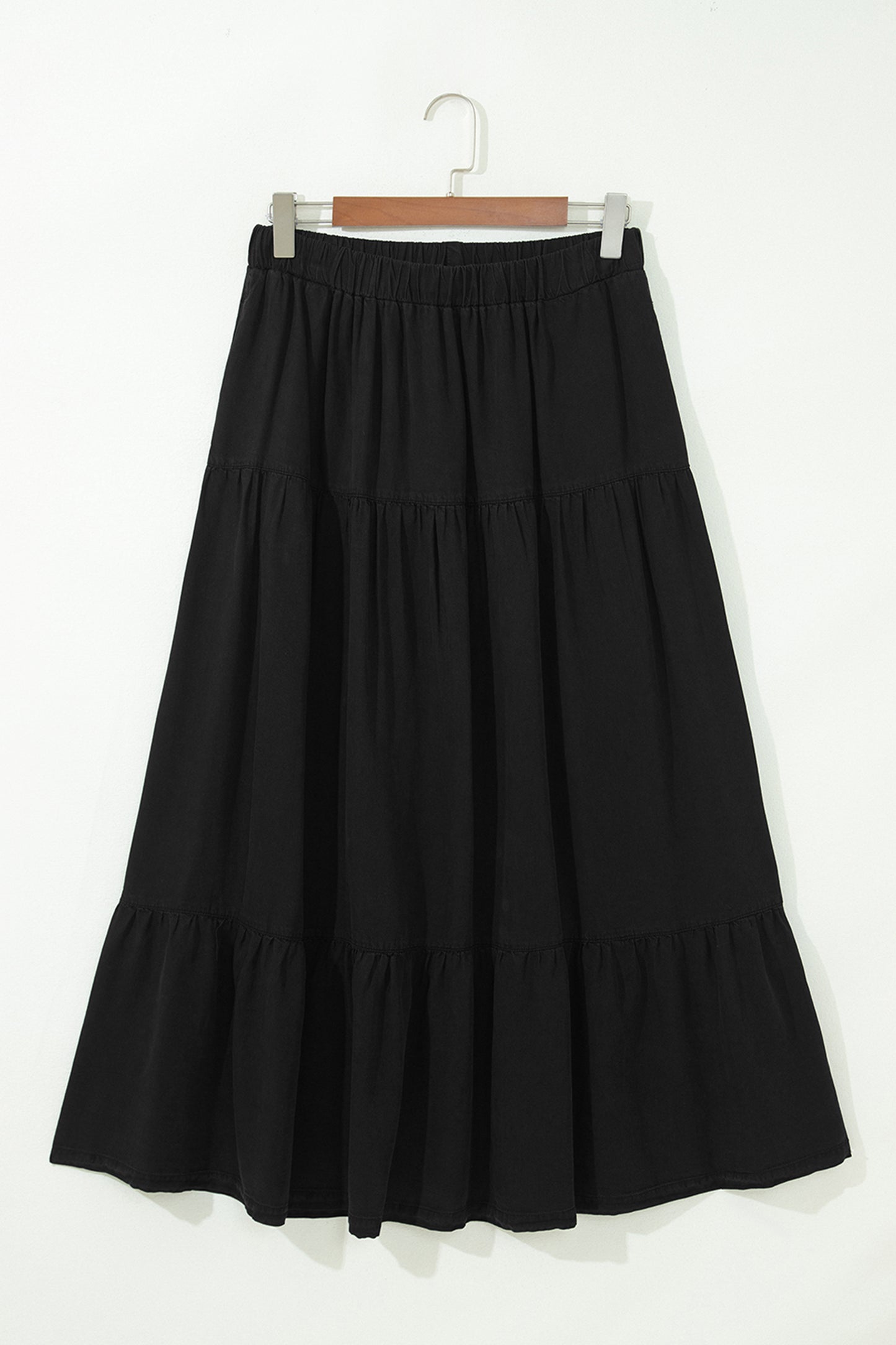 Beau Blue Elastic Waist Ruffled Tiered Flared Denim Maxi Skirt