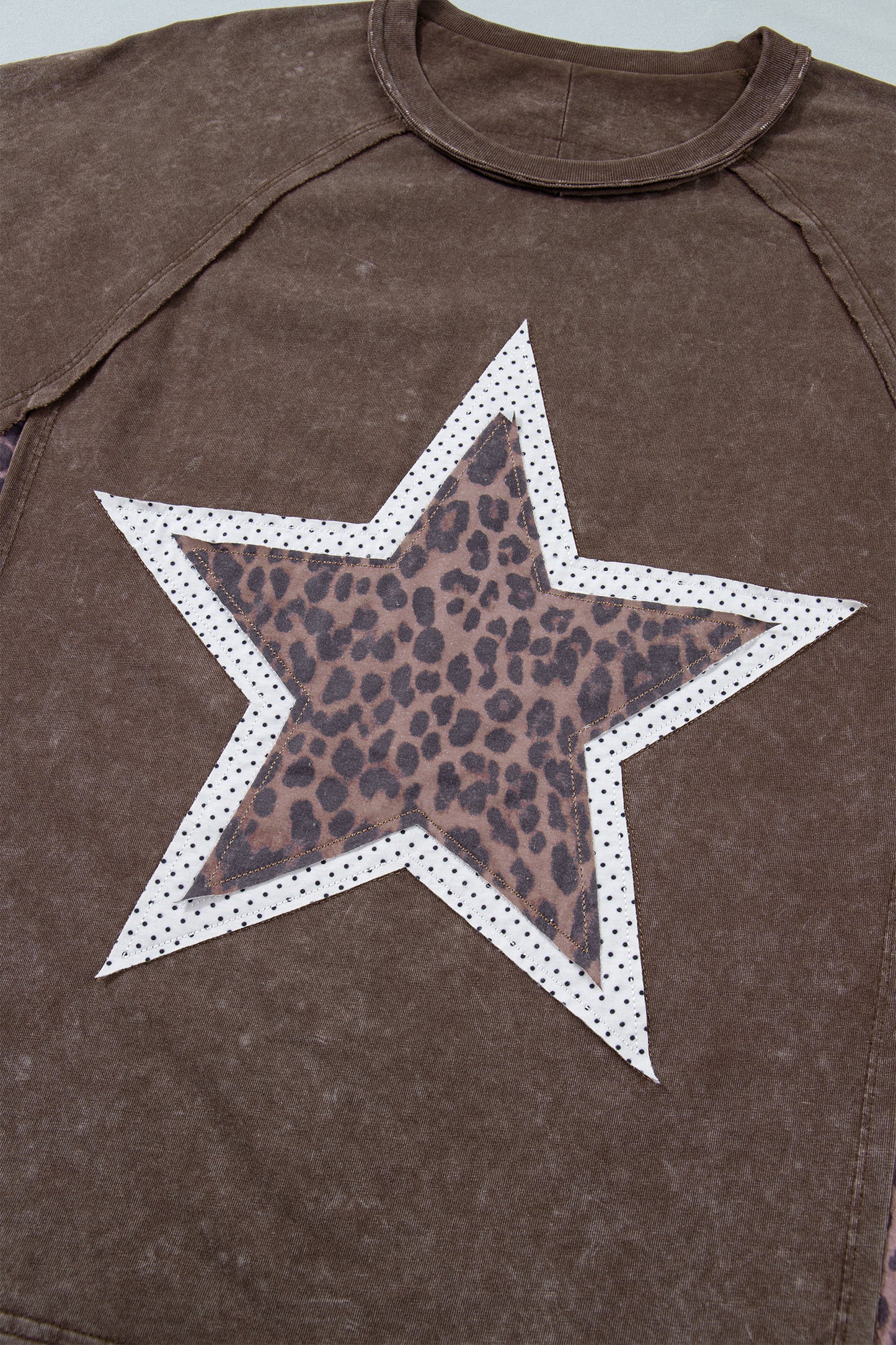 Mineral Wash Exposed Seam Leopard Star Patched T Shirt