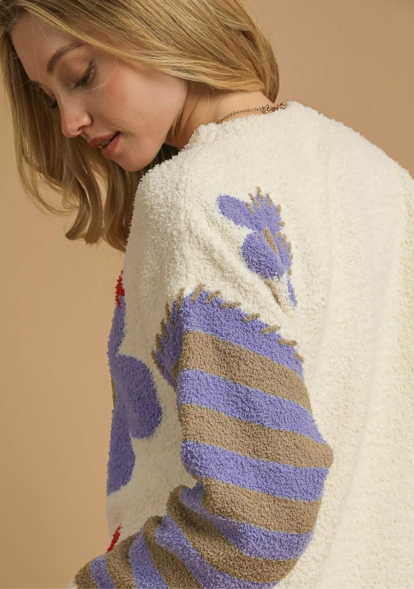 Umgee Flower Jacquard Striped Long Sleeve Sweater