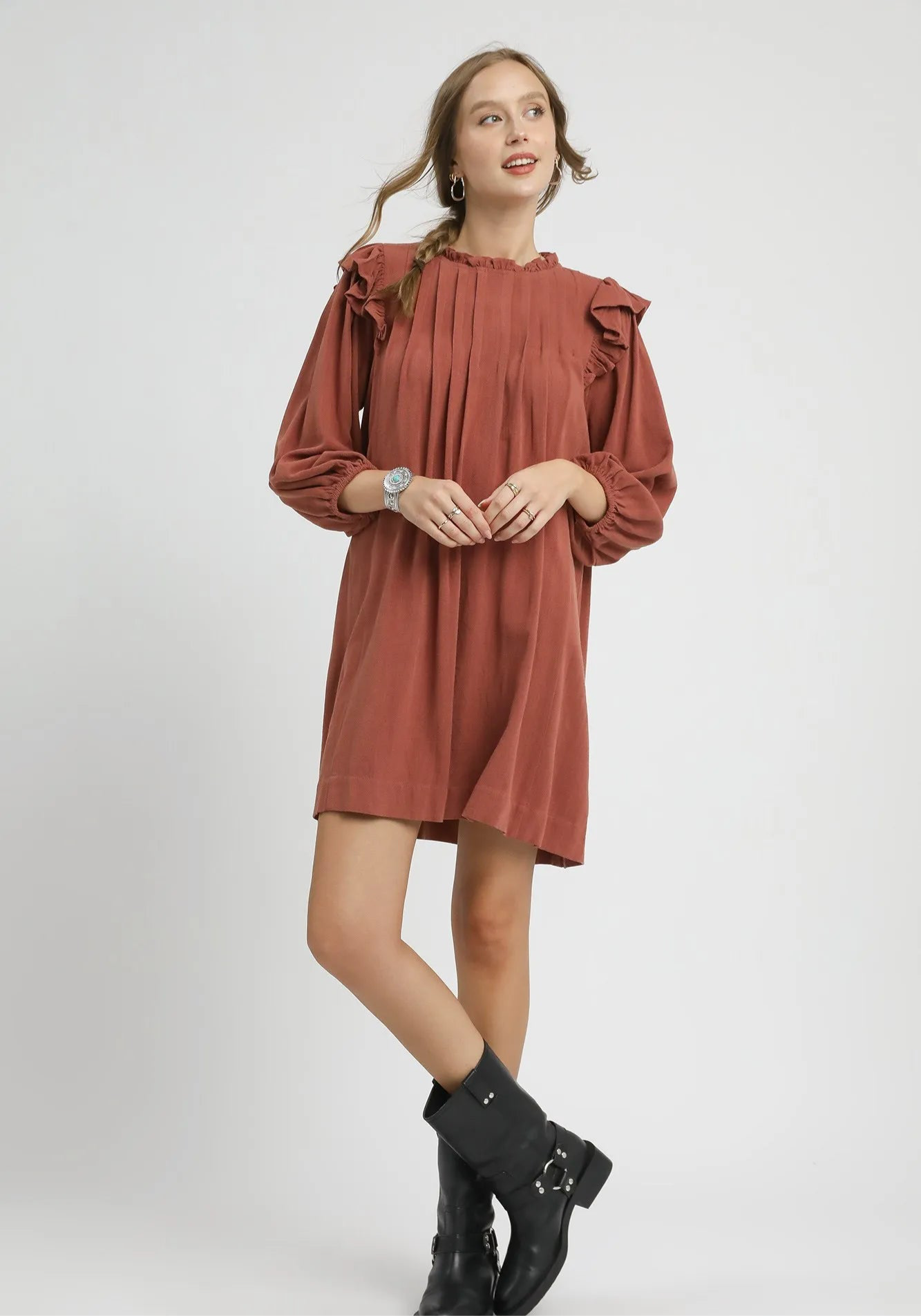 Umgee Linen Ruffle Shoulder Pleated Babydoll Dress