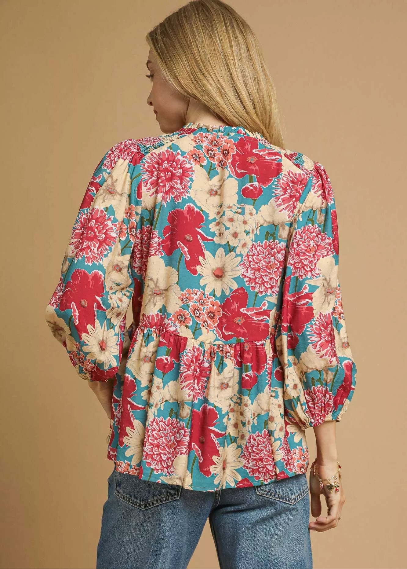 Umgee Mix Floral Peplum Blouse with Tie Neck