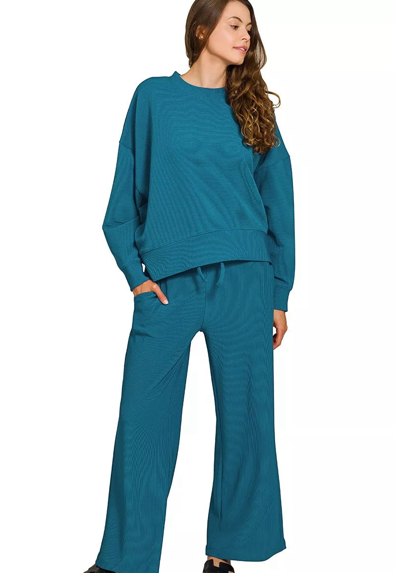 Zenana Ribbed Round Neck Pullover and Drawstring Pants Set