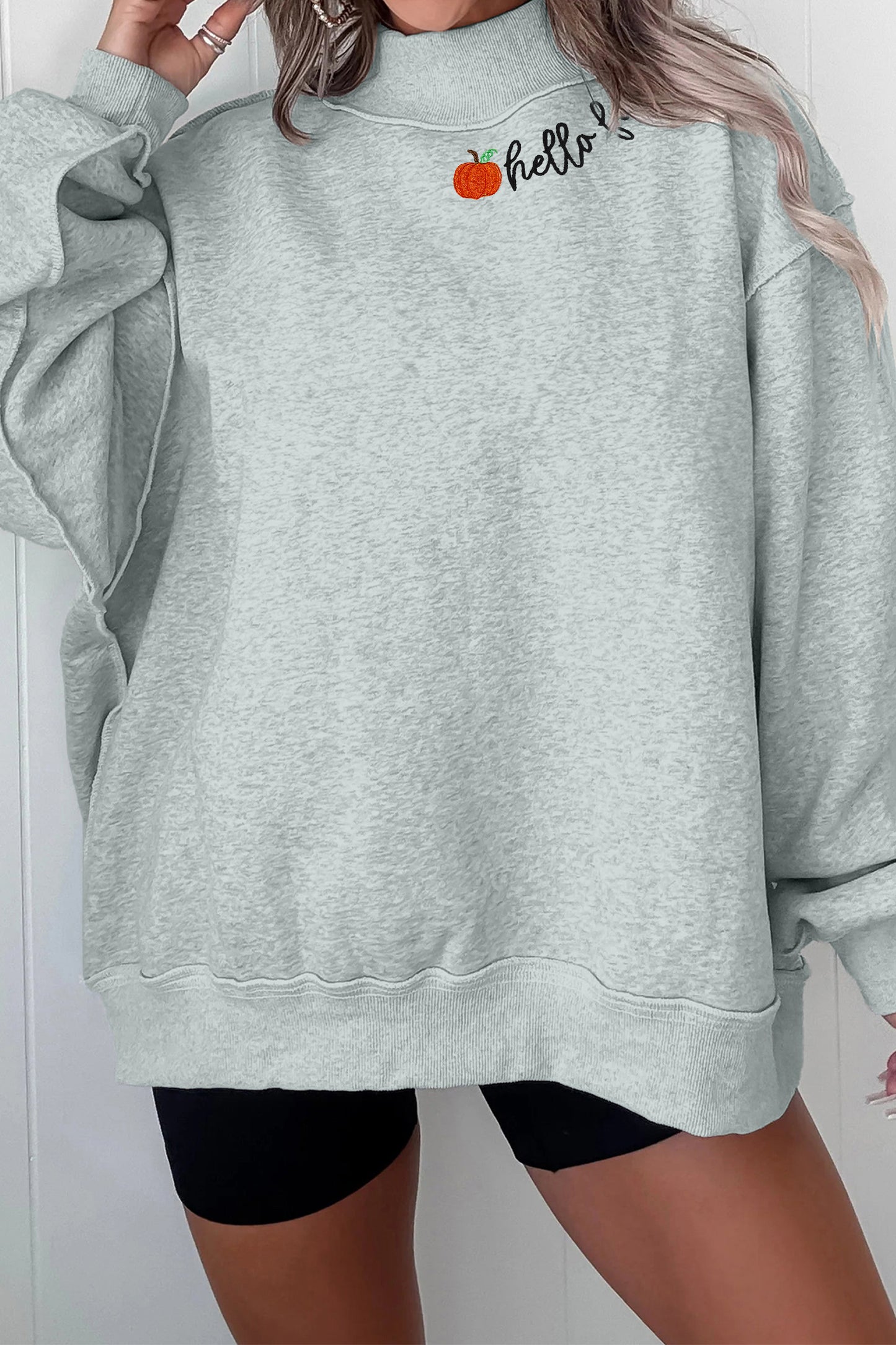 Hello Embroidered Pumpkin Detail Mock Neck Sweatshirt