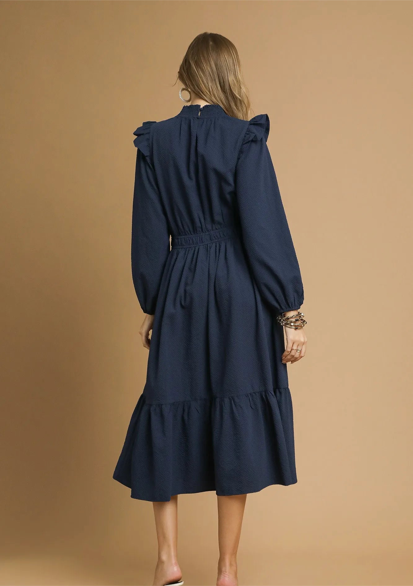 Umgee Textured Midi Dress with Ruffle Shoulder Detail