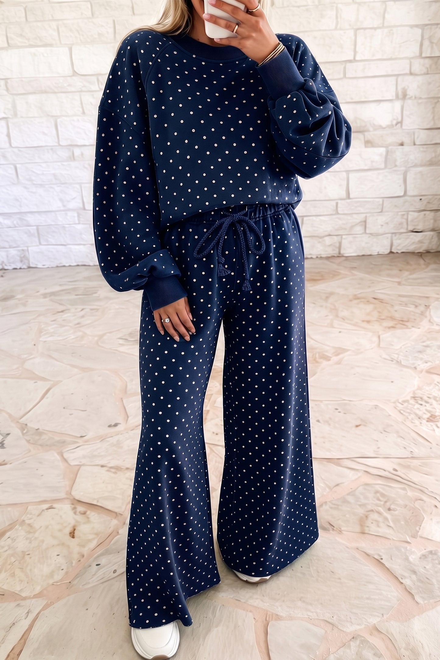 Red Polka Dot Drawstring Wide Leg Long Sleeve Top Pant Set