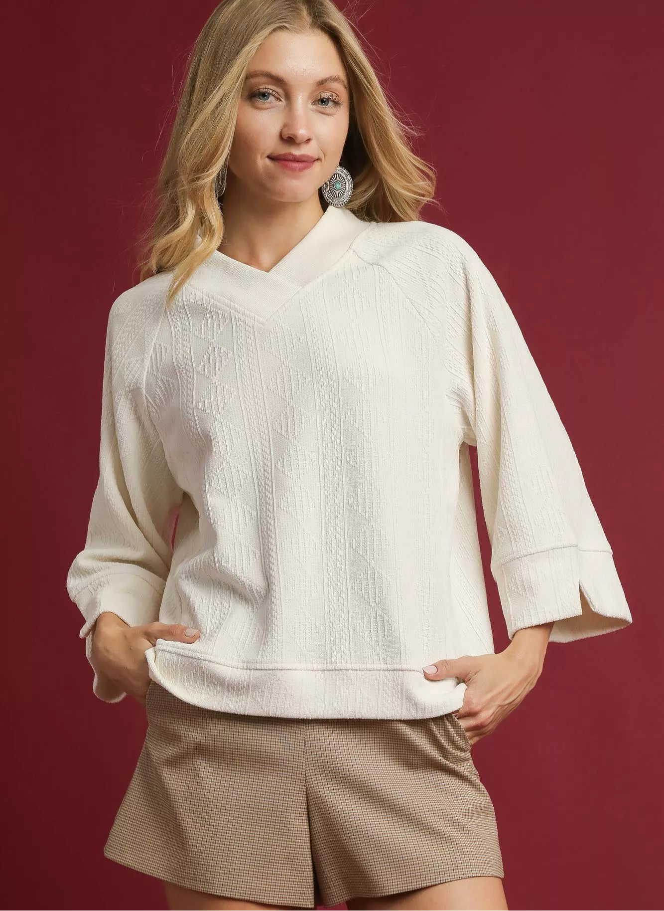 Vanilla Chai Textured Knit V-Neck Top
