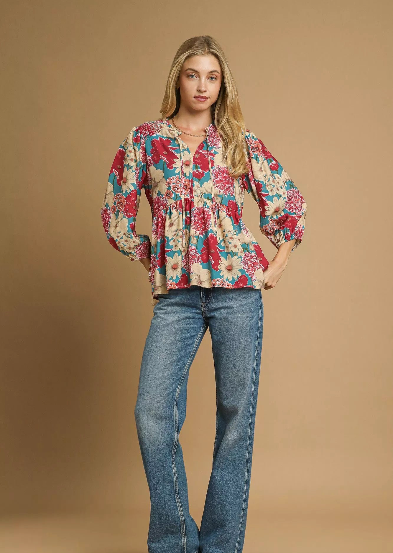 Umgee Mix Floral Peplum Blouse with Tie Neck